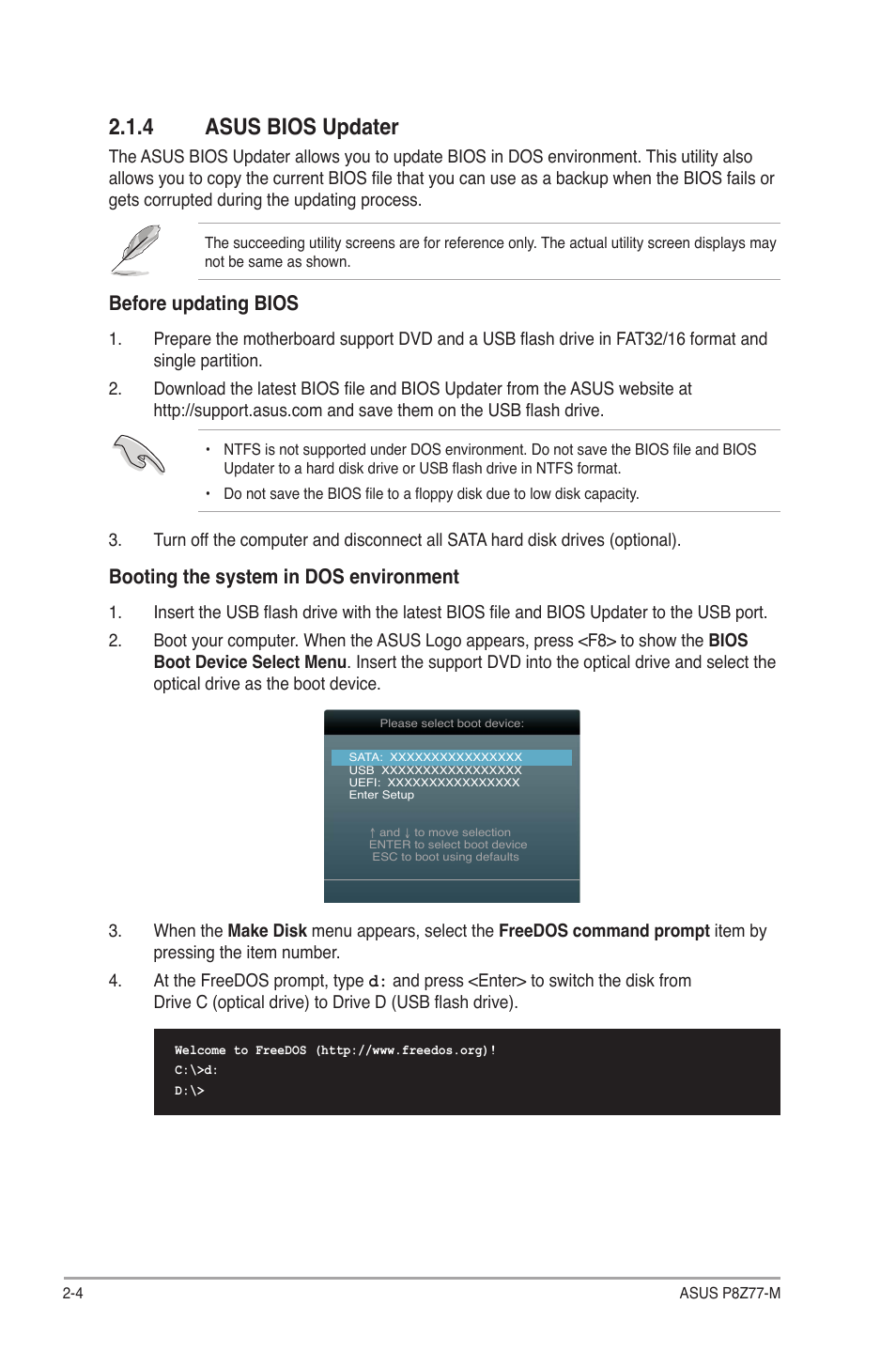 4 asus bios updater, Asus bios updater -4, Before updating bios | Booting the system in dos environment | Asus Motherboard P8Z77-M User Manual | Page 44 / 74