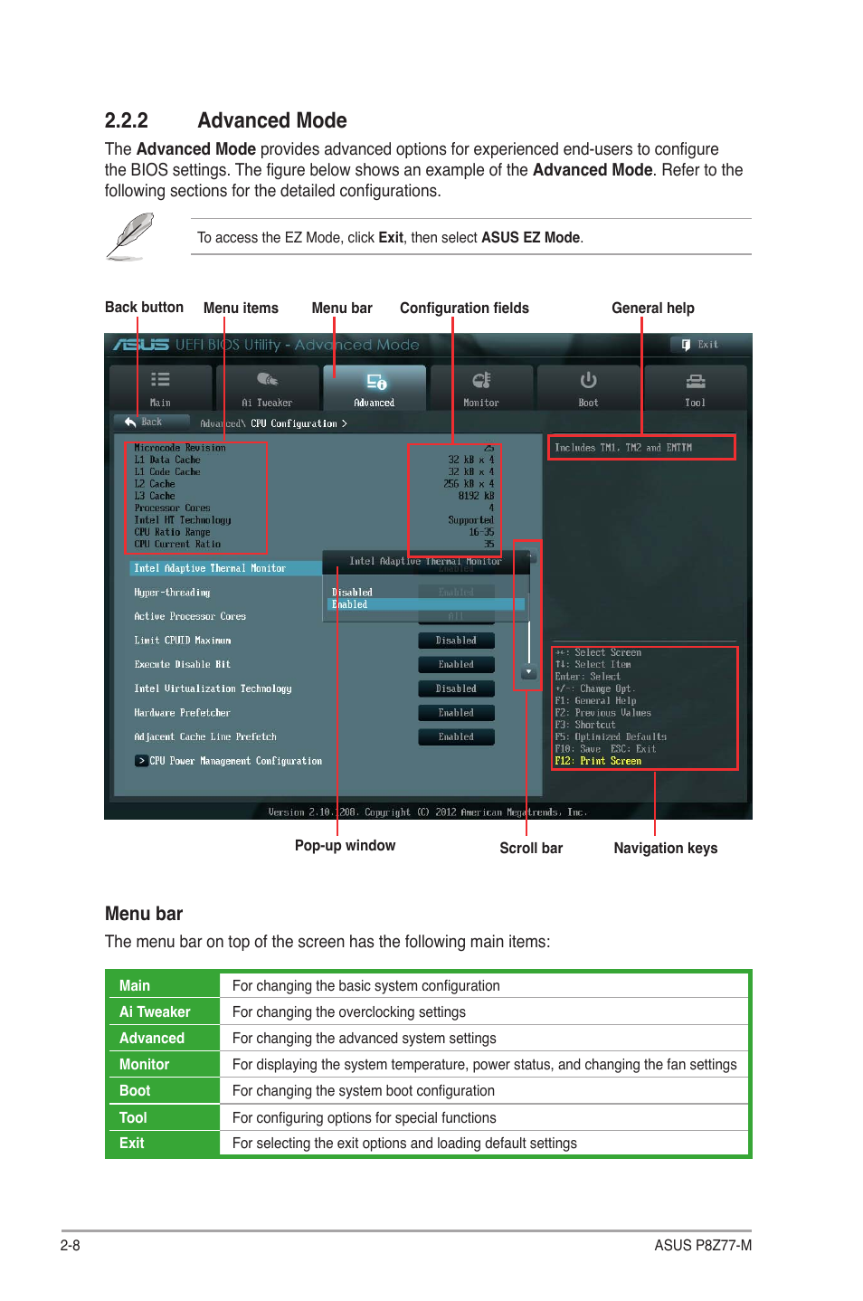 2 advanced mode, Advanced mode -8, Menu bar | Asus Motherboard P8Z77-M User Manual | Page 48 / 74