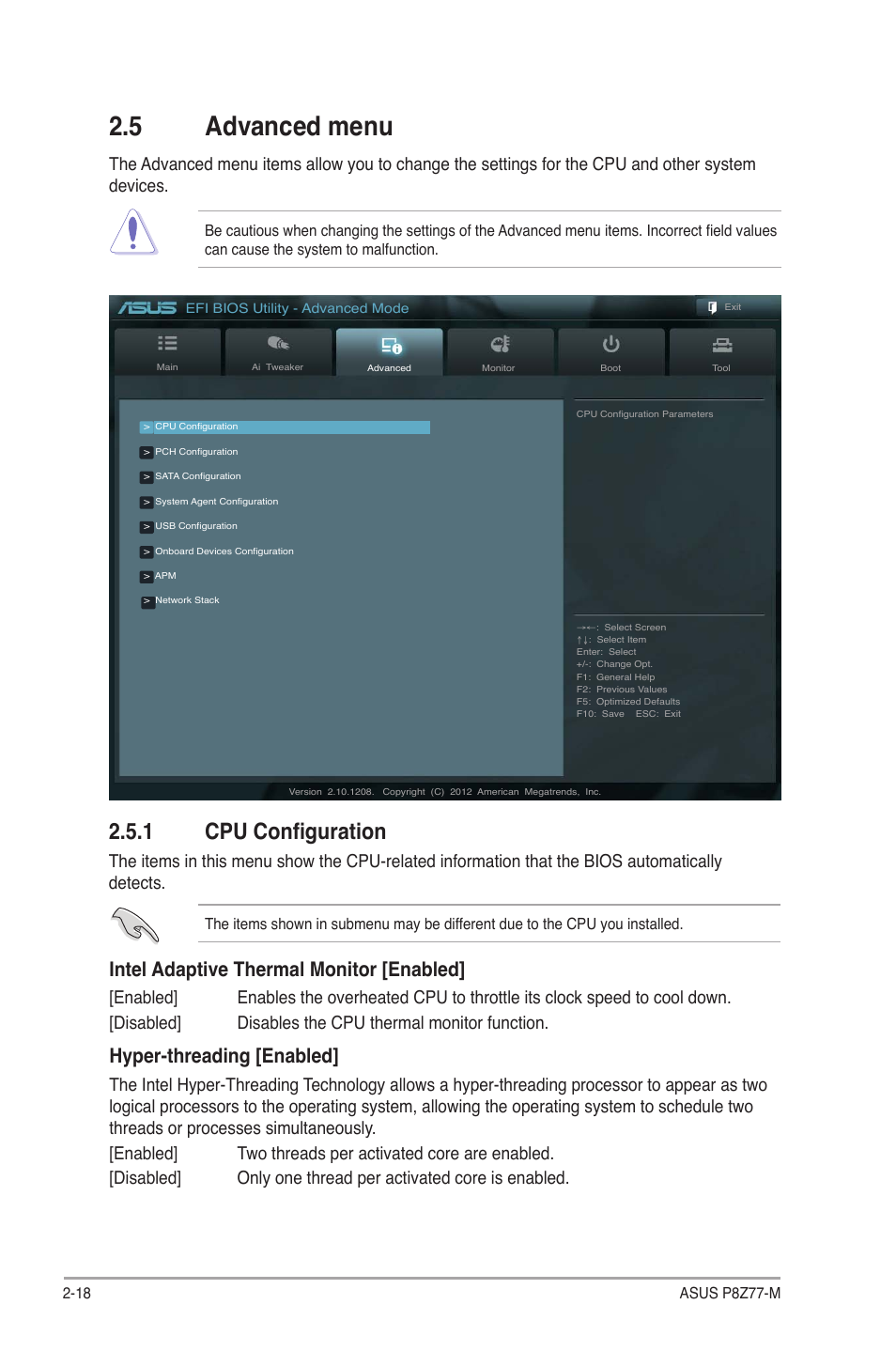 5 advanced menu, 1 cpu configuration, Advanced menu -18 2.5.1 | Cpu configuration -18, Intel adaptive thermal monitor [enabled, Hyper-threading [enabled | Asus Motherboard P8Z77-M User Manual | Page 58 / 74