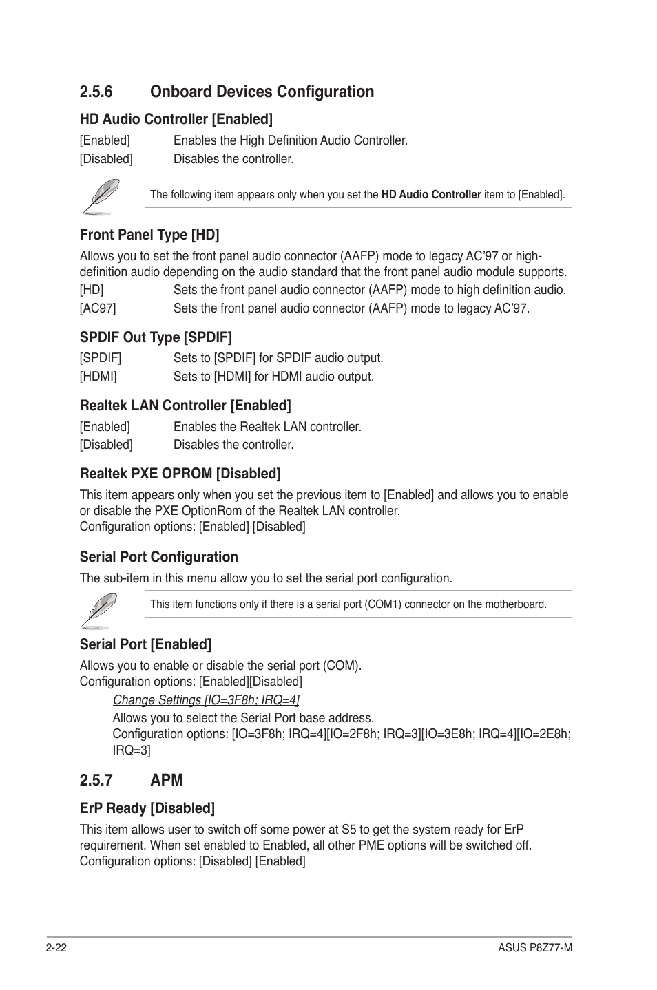 6 onboard devices configuration, 7 apm, Onboard devices configuration -22 | Apm -22 | Asus Motherboard P8Z77-M User Manual | Page 62 / 74