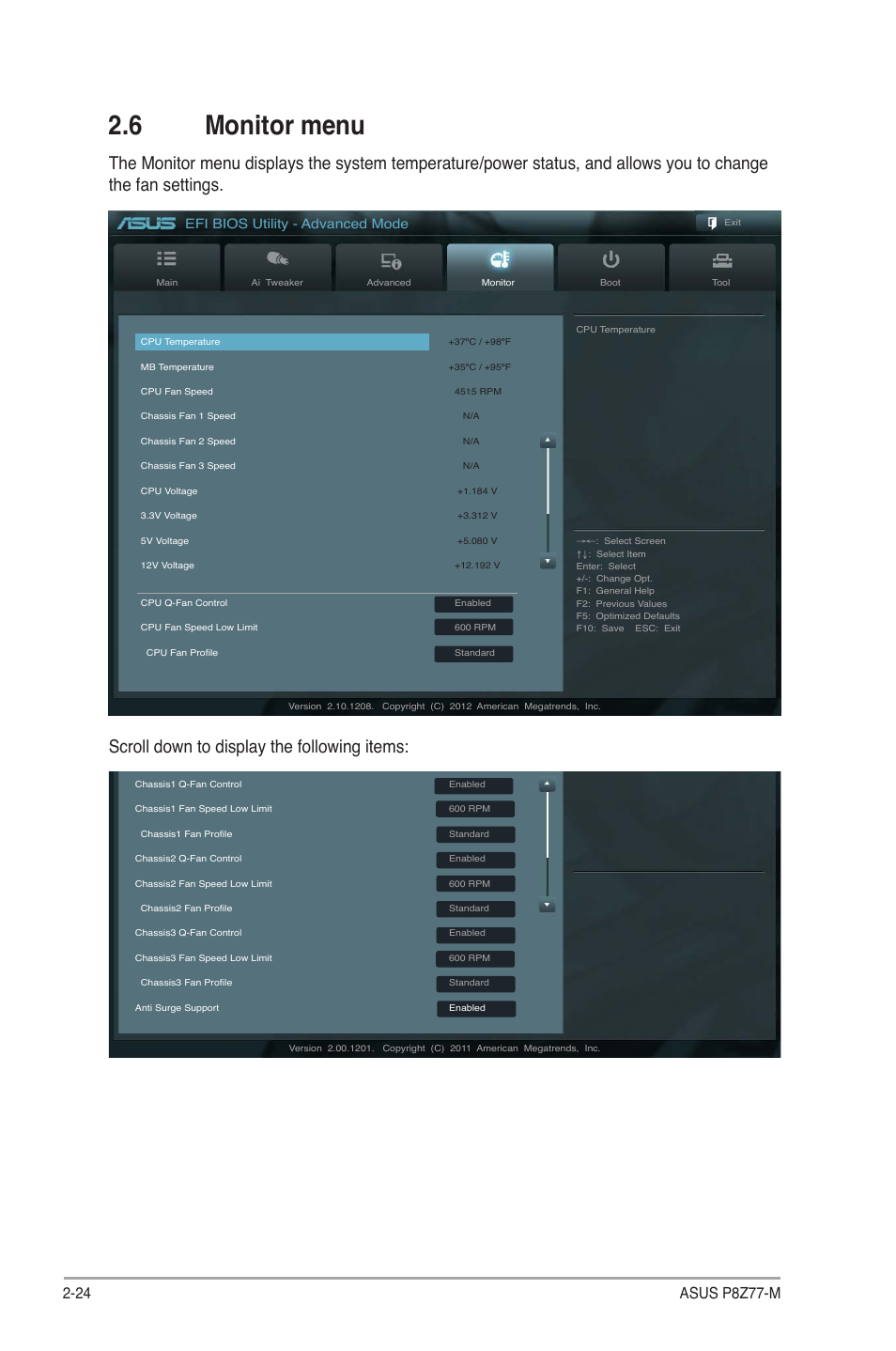 6 monitor menu, Monitor menu -24, Scroll down to display the following items | Efi bios utility - advanced mode | Asus Motherboard P8Z77-M User Manual | Page 64 / 74