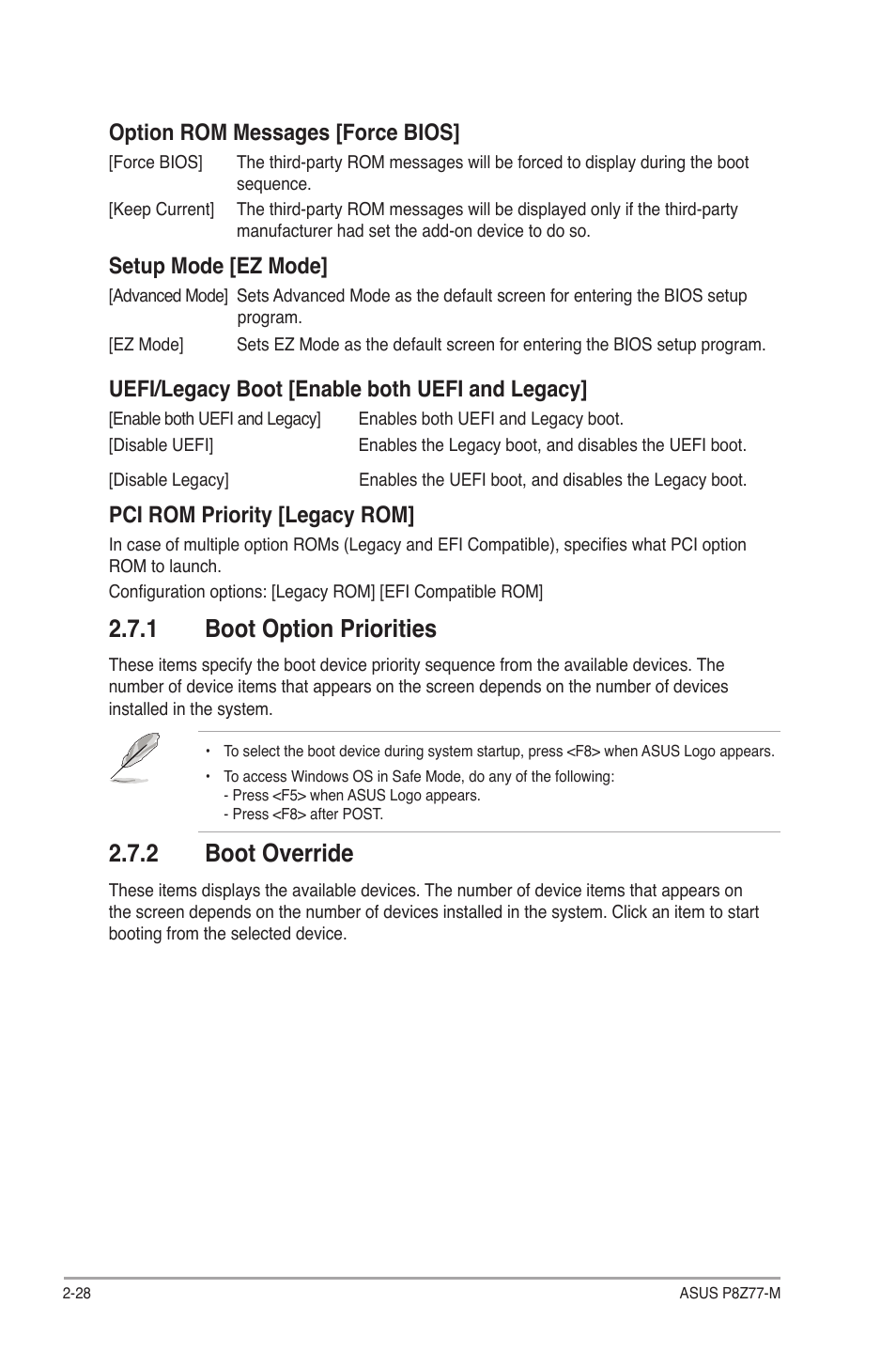 1 boot option priorities, 2 boot override, Option rom messages [force bios | Setup mode [ez mode, Uefi/legacy boot [enable both uefi and legacy, Pci rom priority [legacy rom | Asus Motherboard P8Z77-M User Manual | Page 68 / 74