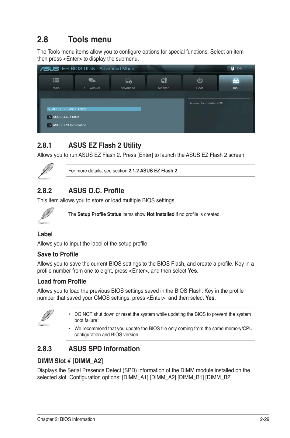 8 tools menu, 1 asus ez flash 2 utility, 2 asus o.c. profile | 3 asus spd information, Tools menu -29 2.8.1, Asus ez flash 2 utility -29, Asus o.c. profile -29, Asus spd information -29, Label, Save to profile | Asus Motherboard P8Z77-M User Manual | Page 69 / 74