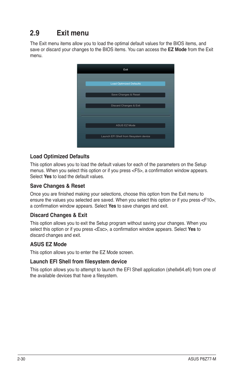 9 exit menu, Exit menu -30 | Asus Motherboard P8Z77-M User Manual | Page 70 / 74