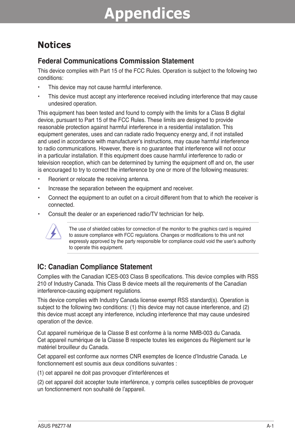 Appendices, Ap pendices, Notices | Federal communications commission statement, Ic: canadian compliance statement | Asus Motherboard P8Z77-M User Manual | Page 71 / 74