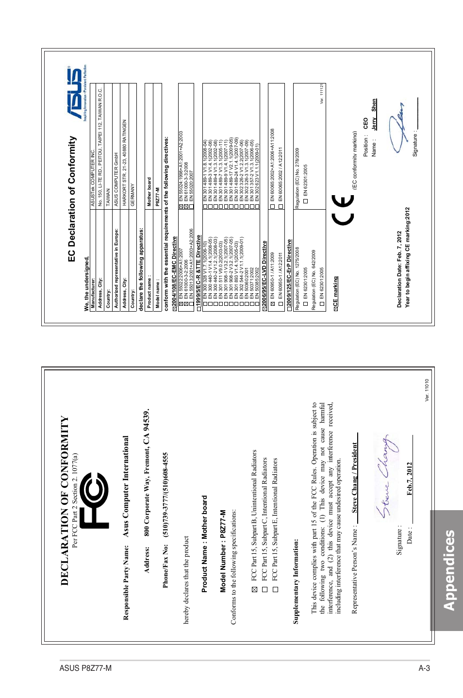 Ap pendices, Declaration of conformity, Ec declaration of conformity | Asus p8z77-m a-3, Asu s c om pu te r in te rn at io na l | Asus Motherboard P8Z77-M User Manual | Page 73 / 74