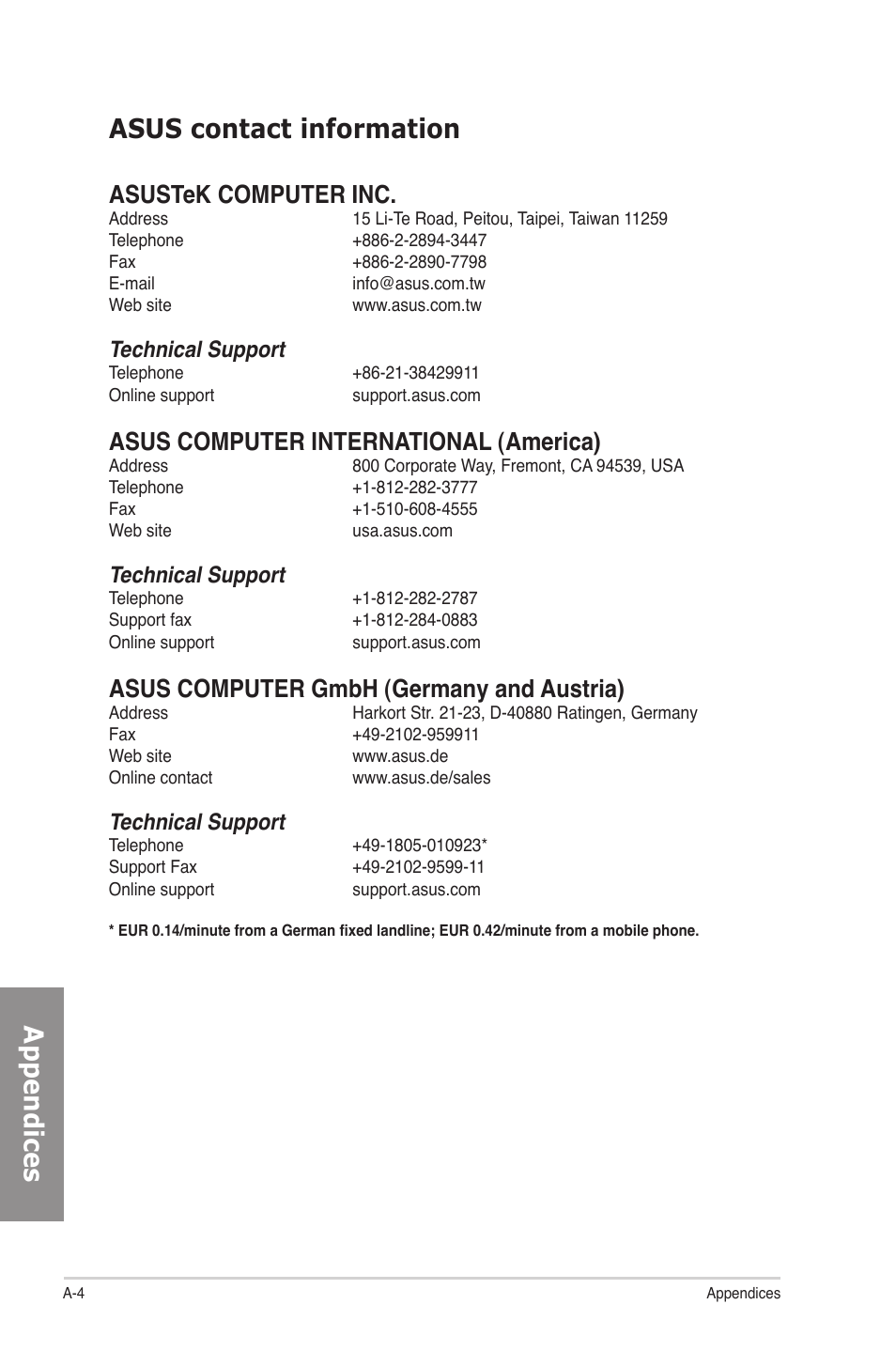 Ap pendices asus contact information, Asustek computer inc, Asus computer international (america) | Asus computer gmbh (germany and austria), Technical support | Asus Motherboard P8Z77-M User Manual | Page 74 / 74