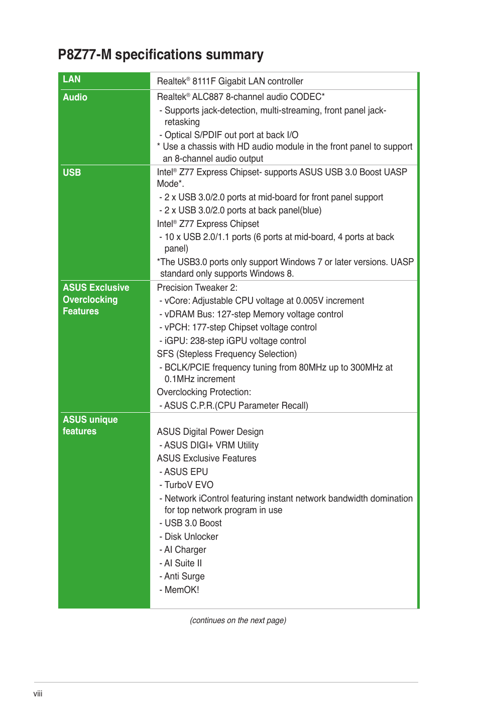 P8z77-m specifications summary | Asus Motherboard P8Z77-M User Manual | Page 8 / 74