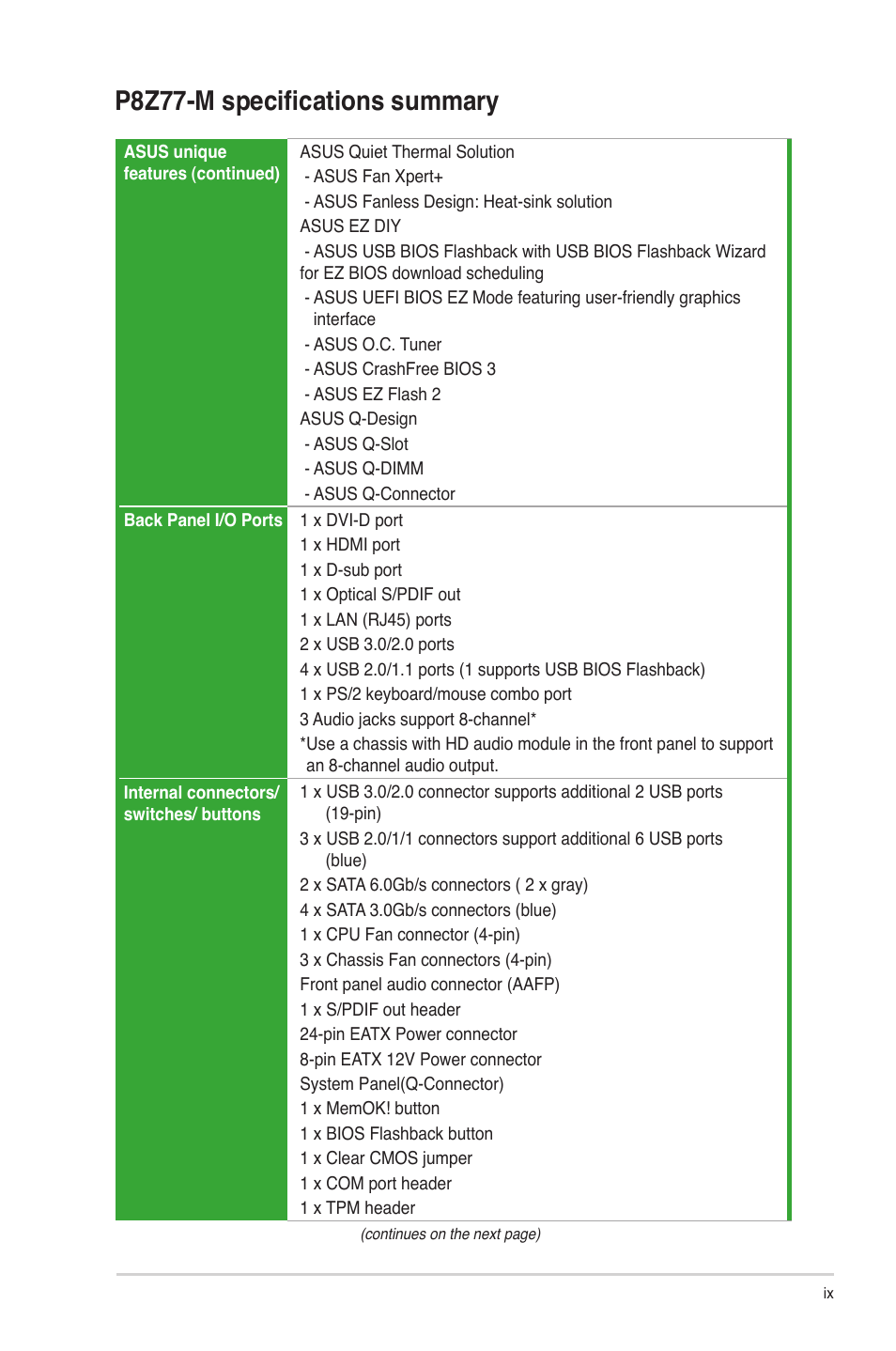 P8z77-m specifications summary | Asus Motherboard P8Z77-M User Manual | Page 9 / 74