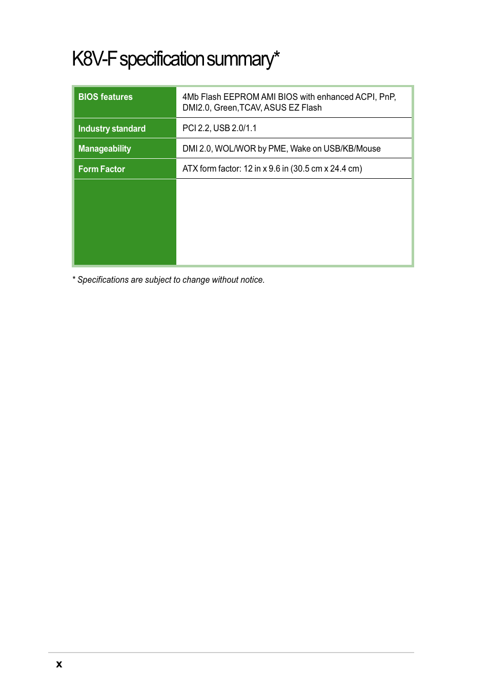 K8v-f specification summary | Asus K8V-F User Manual | Page 10 / 66