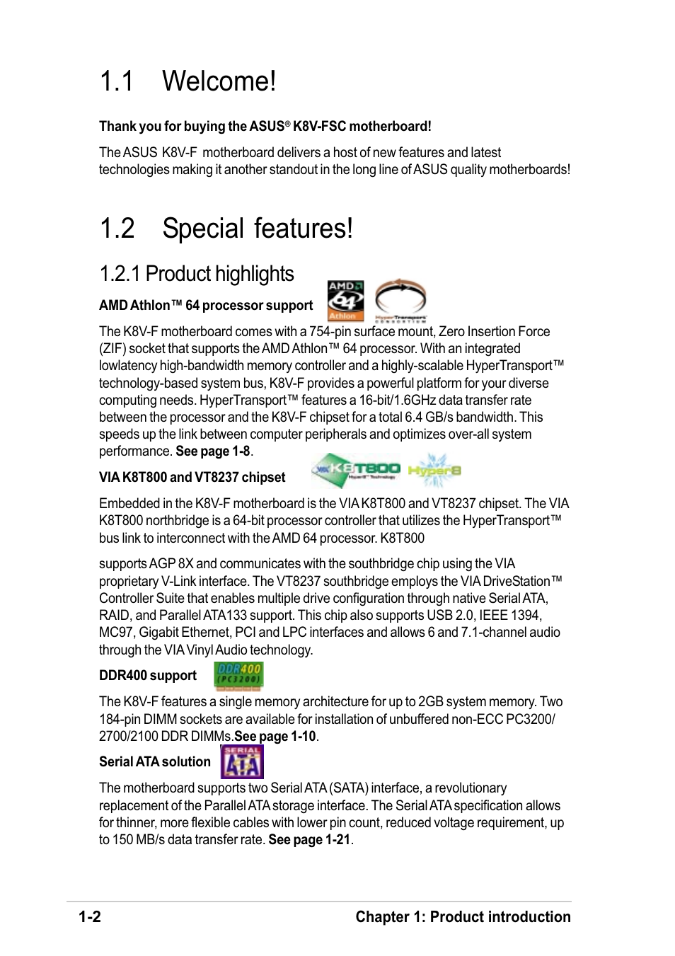 1 welcome, 2 special features, 1 product highlights | Asus K8V-F User Manual | Page 12 / 66