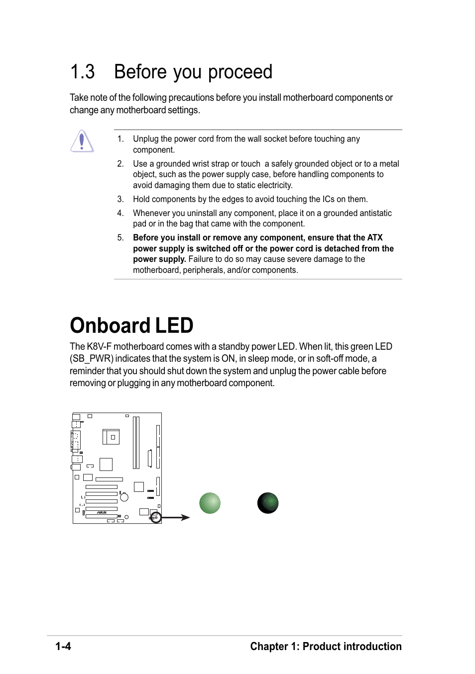 3 before you proceed, Onboard led | Asus K8V-F User Manual | Page 14 / 66