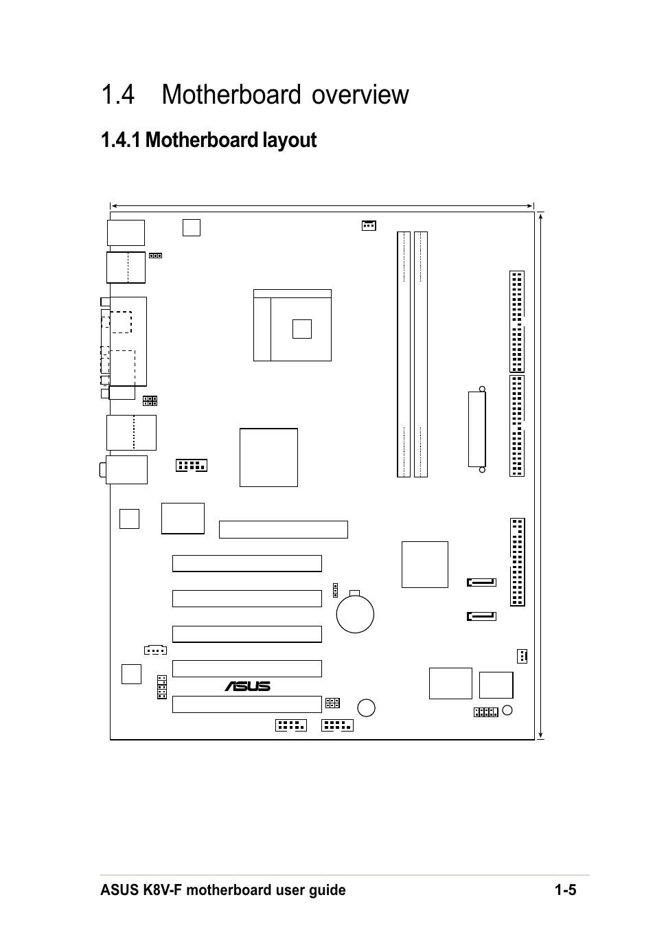 4 motherboard overview, 1 motherboard layout, Asus k8v-f motherboard user guide 1-5 | Pci1, Pci2 pci3 pci4 pci5, Via k8t800, K8v-f, Super i/o, Via vt8237 | Asus K8V-F User Manual | Page 15 / 66