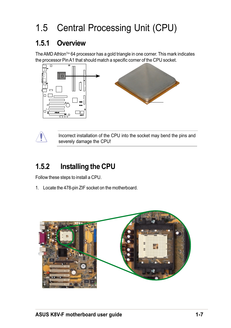 5 central processing unit (cpu), 1 overview, 2 installing the cpu | Asus K8V-F User Manual | Page 17 / 66