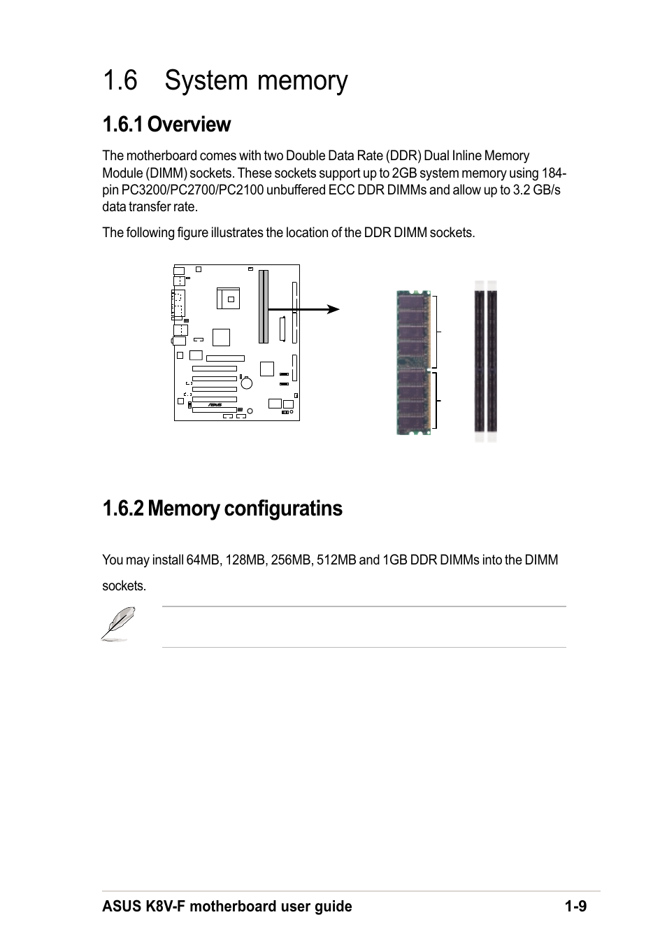 6 system memory, 1 overview, 2 memory configuratins | Asus K8V-F User Manual | Page 19 / 66