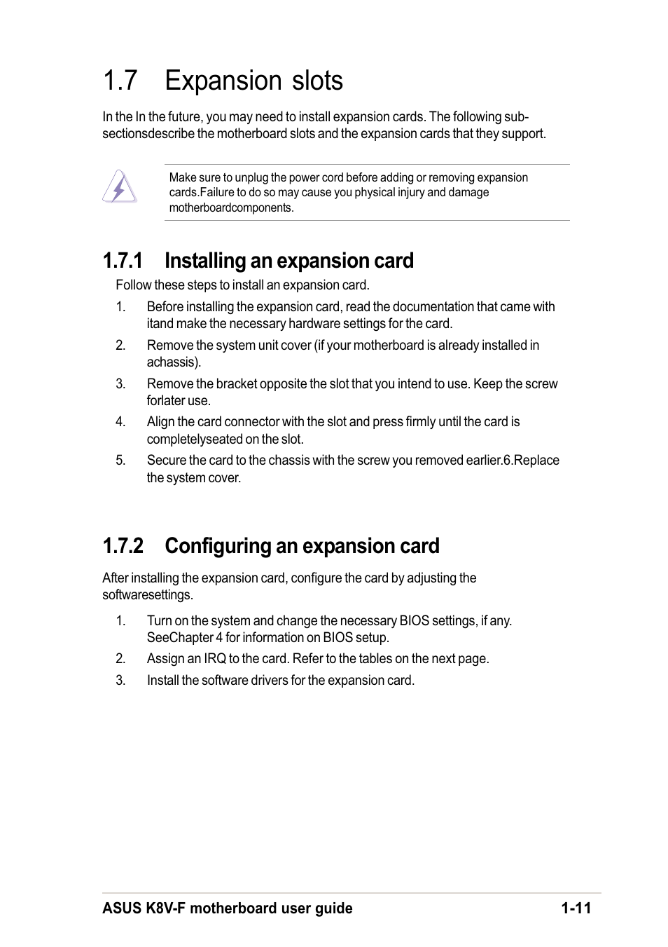 7 expansion slots, 1 installing an expansion card, 2 configuring an expansion card | Asus K8V-F User Manual | Page 21 / 66