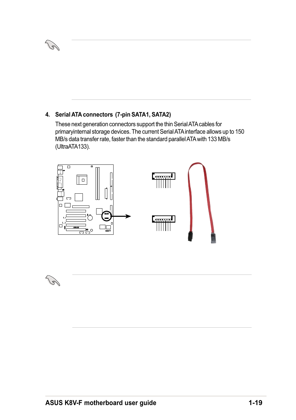 Asus k8v-f motherboard user guide 1-19, K8v-f sata connectors sata2, Sata1 | Xp™ service pack 1 when using serial ata | Asus K8V-F User Manual | Page 29 / 66