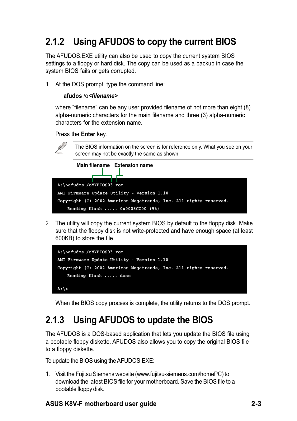 2 using afudos to copy the current bios, 3 using afudos to update the bios | Asus K8V-F User Manual | Page 37 / 66