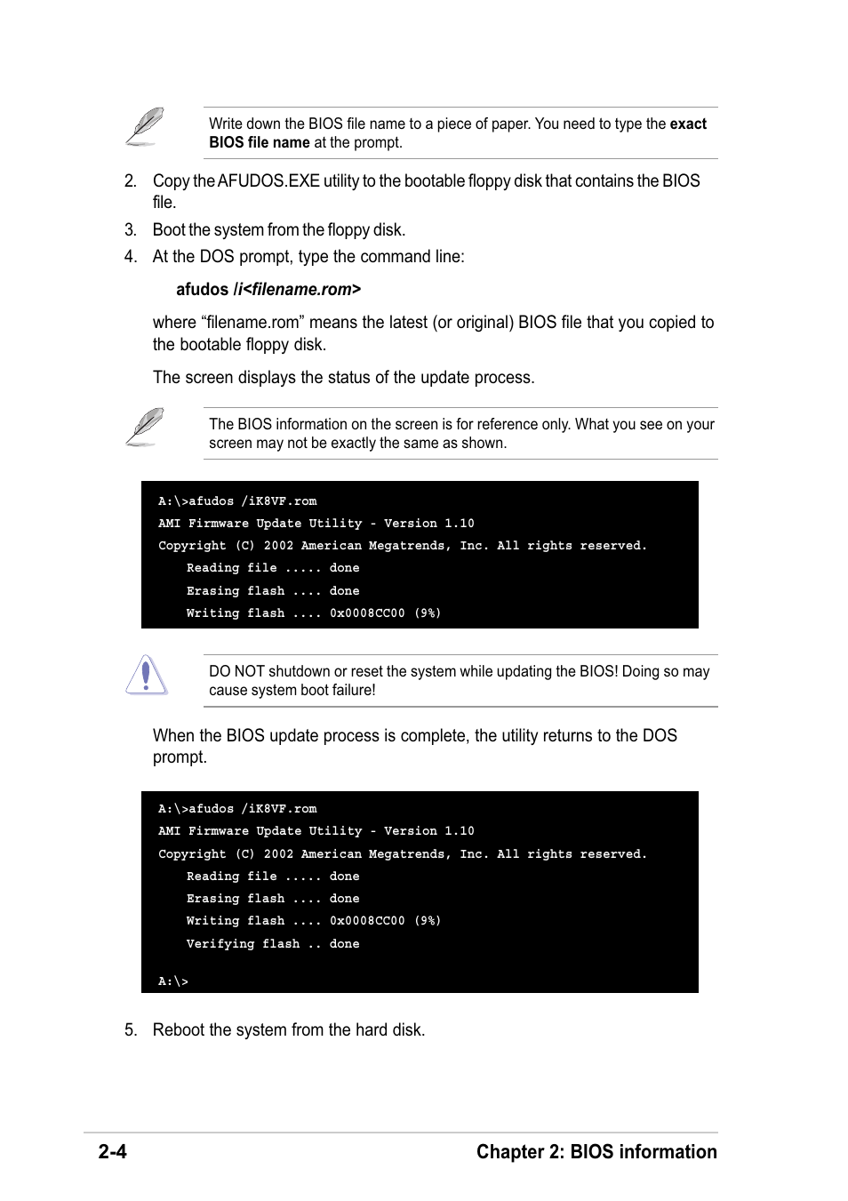 4 chapter 2: bios information | Asus K8V-F User Manual | Page 38 / 66