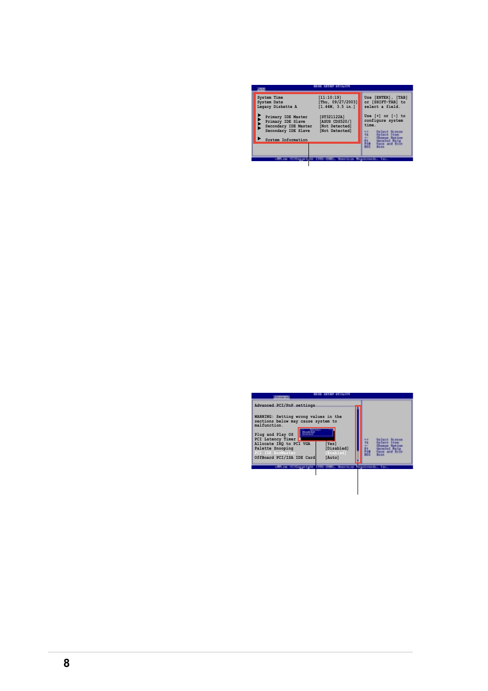 4 menu items, 5 sub-menu items, 6 configuration fields | 7 pop-up window, 8 scroll bar, 9 general help, 8 chapter 2: bios information | Asus K8V-F User Manual | Page 42 / 66