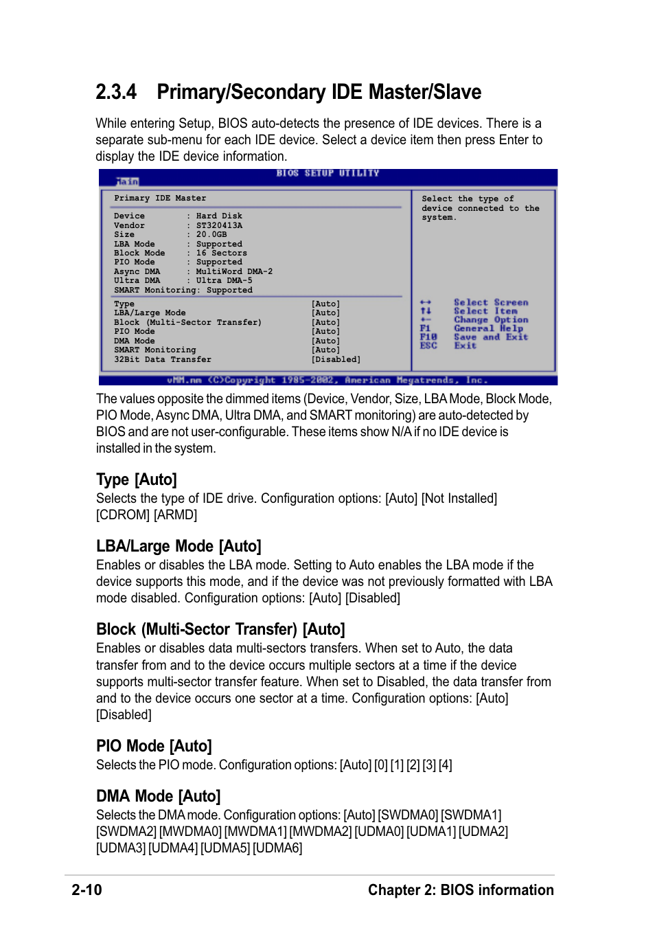 4 primary/secondary ide master/slave, Type [auto, Lba/large mode [auto | Block (multi-sector transfer) [auto, Pio mode [auto, Dma mode [auto, 10 chapter 2: bios information | Asus K8V-F User Manual | Page 44 / 66