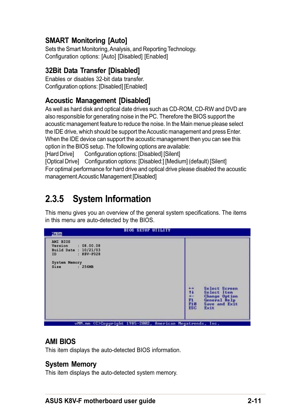 5 system information, Smart monitoring [auto, 32bit data transfer [disabled | Acoustic management [disabled, Ami bios | Asus K8V-F User Manual | Page 45 / 66