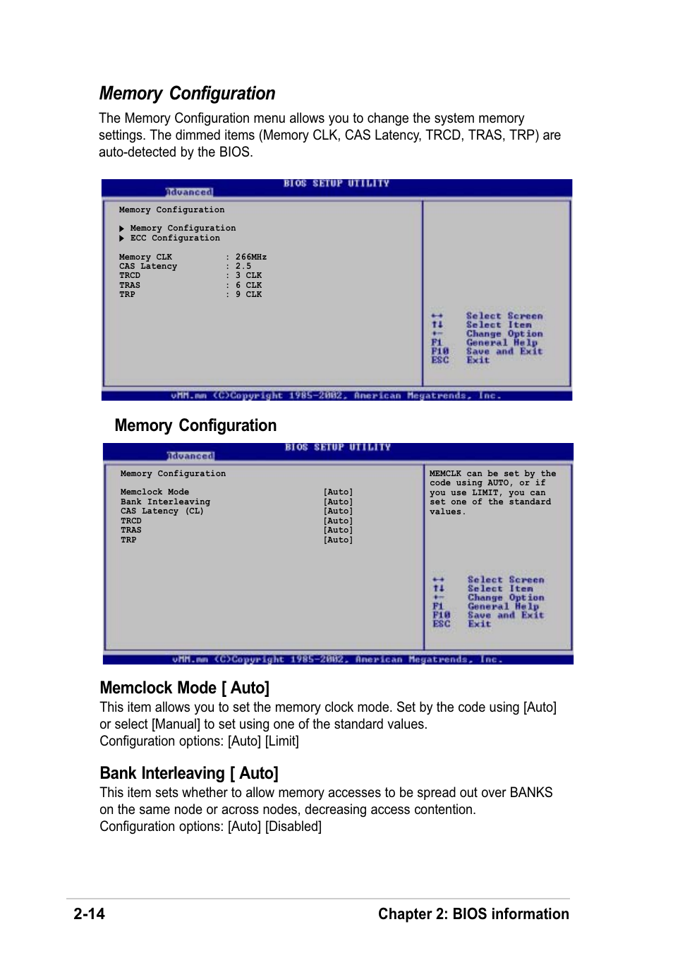 Memclock mode [ auto, Bank interleaving [ auto, 14 chapter 2: bios information | Asus K8V-F User Manual | Page 48 / 66