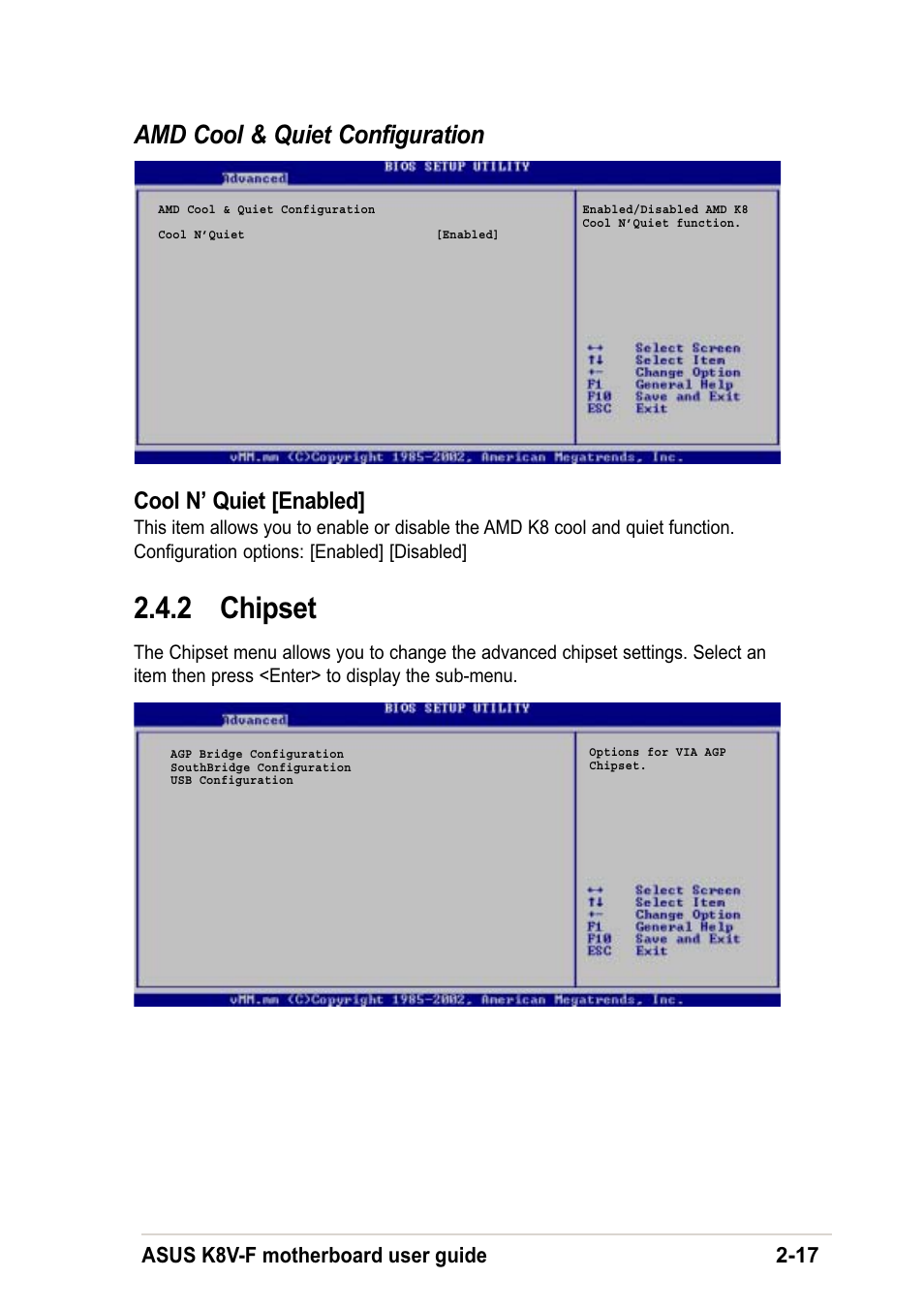 2 chipset, Amd cool & quiet configuration, Cool n’ quiet [enabled | Asus K8V-F User Manual | Page 51 / 66