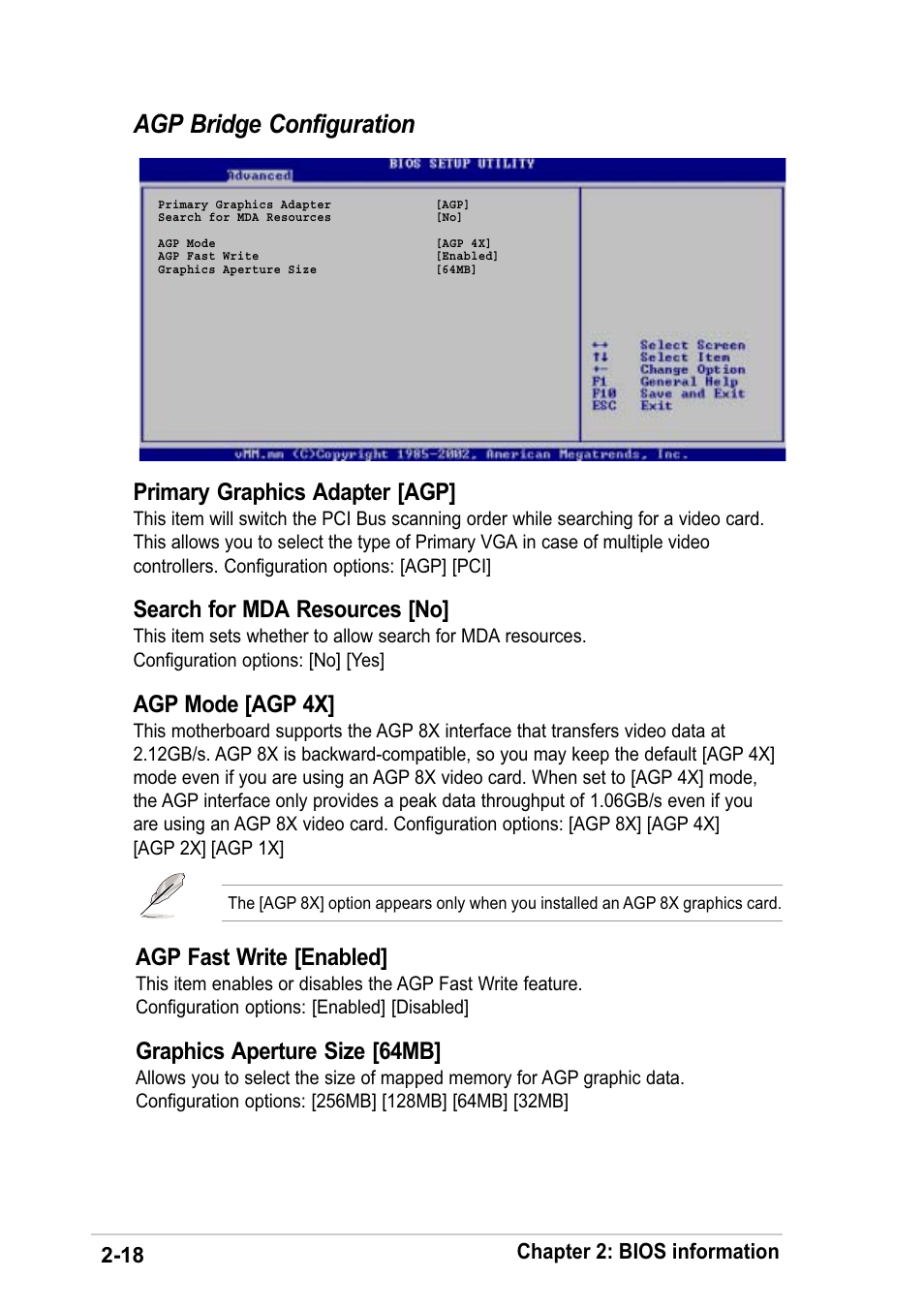 Agp bridge configuration, Agp fast write [enabled, Graphics aperture size [64mb | Primary graphics adapter [agp, Search for mda resources [no, Agp mode [agp 4x, Chapter 2: bios information | Asus K8V-F User Manual | Page 52 / 66