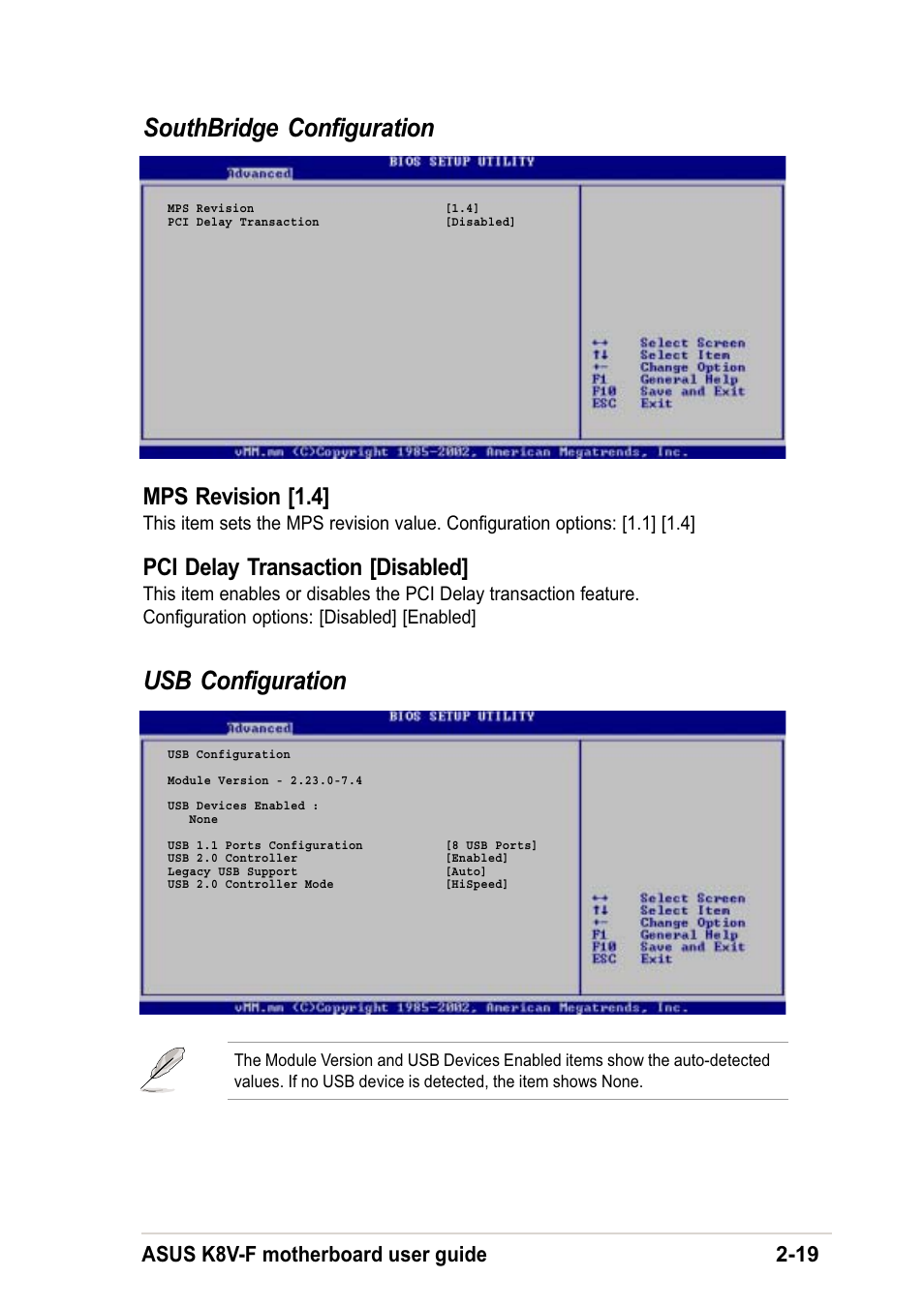 Southbridge configuration, Usb configuration, Mps revision [1.4 | Pci delay transaction [disabled, Asus k8v-f motherboard user guide 2-19 | Asus K8V-F User Manual | Page 53 / 66