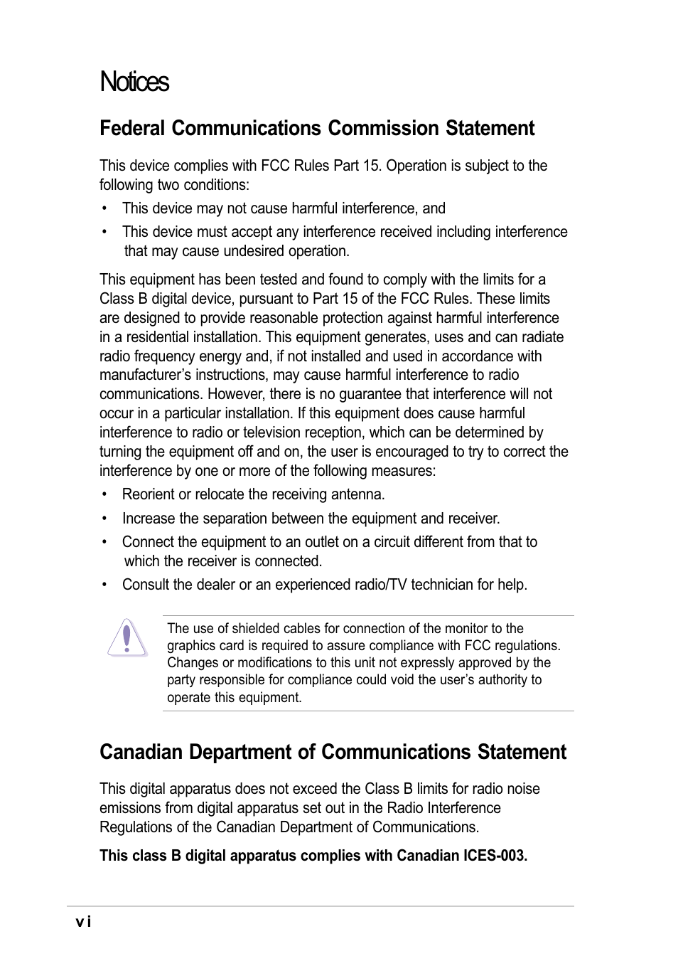 Notices, Federal communications commission statement, Canadian department of communications statement | Asus K8V-F User Manual | Page 6 / 66