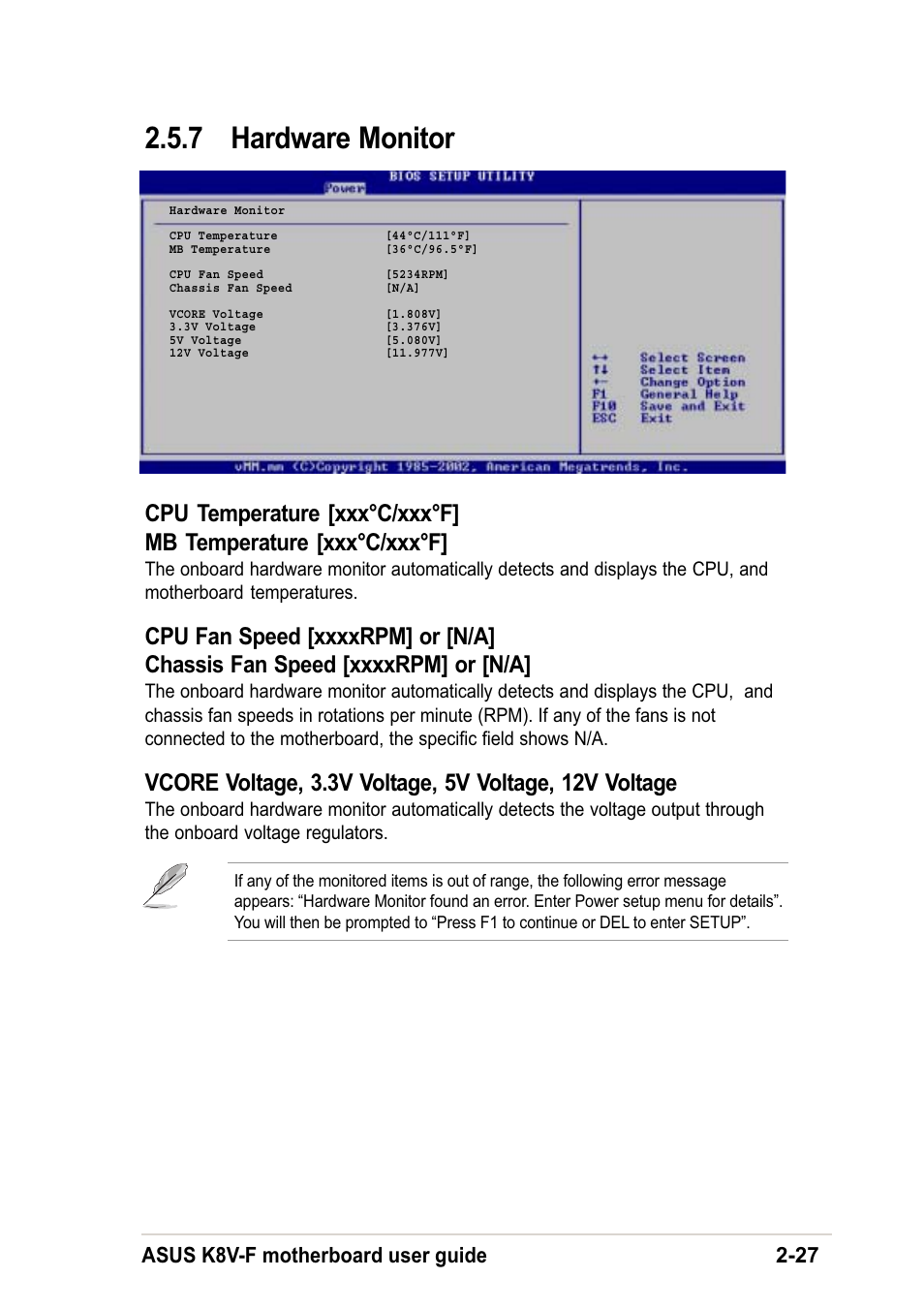 7 hardware monitor, Asus k8v-f motherboard user guide 2-27 | Asus K8V-F User Manual | Page 61 / 66