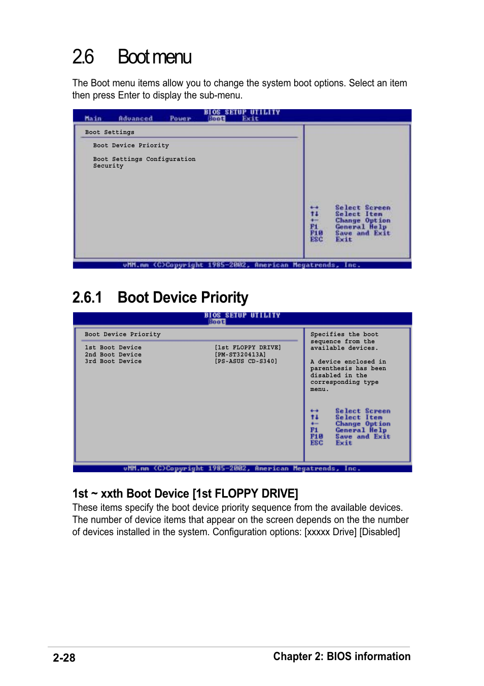 6 boot menu, 1 boot device priority, 1st ~ xxth boot device [1st floppy drive | Chapter 2: bios information | Asus K8V-F User Manual | Page 62 / 66