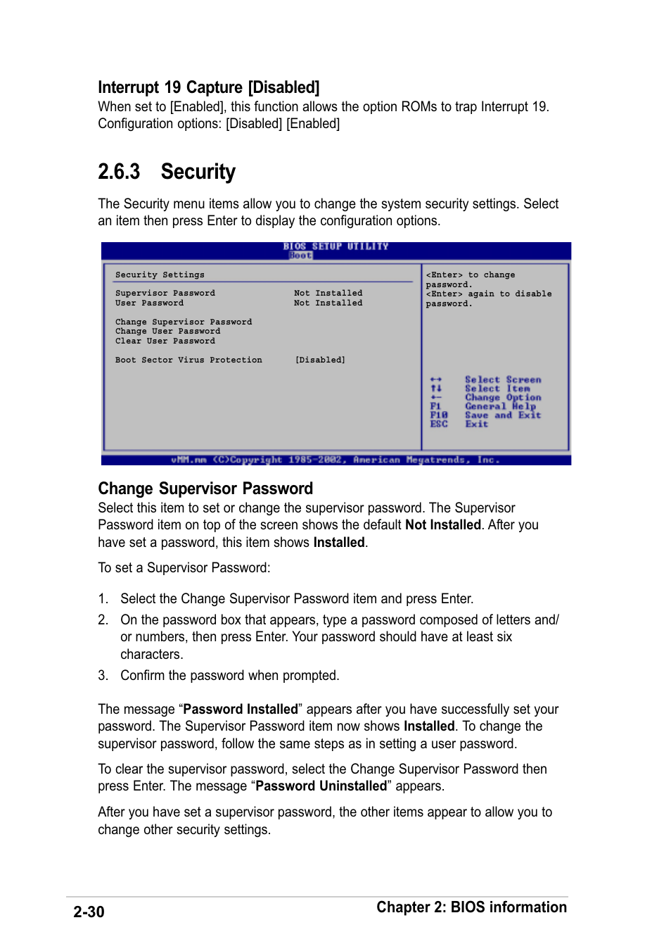 3 security, Change supervisor password, Interrupt 19 capture [disabled | 30 chapter 2: bios information | Asus K8V-F User Manual | Page 64 / 66