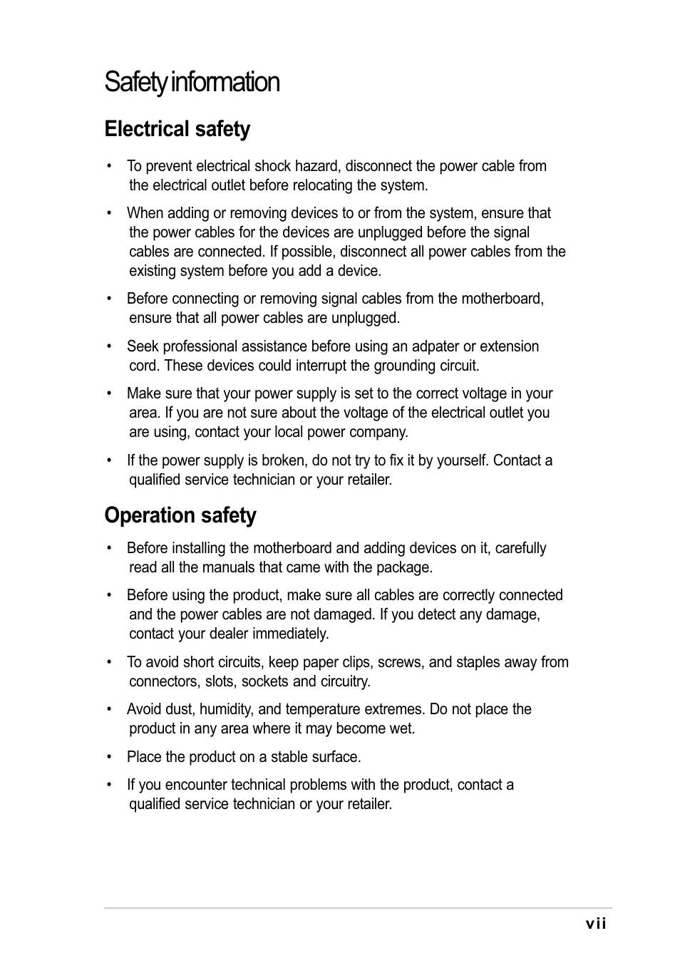 Safety information, Electrical safety, Operation safety | Asus K8V-F User Manual | Page 7 / 66