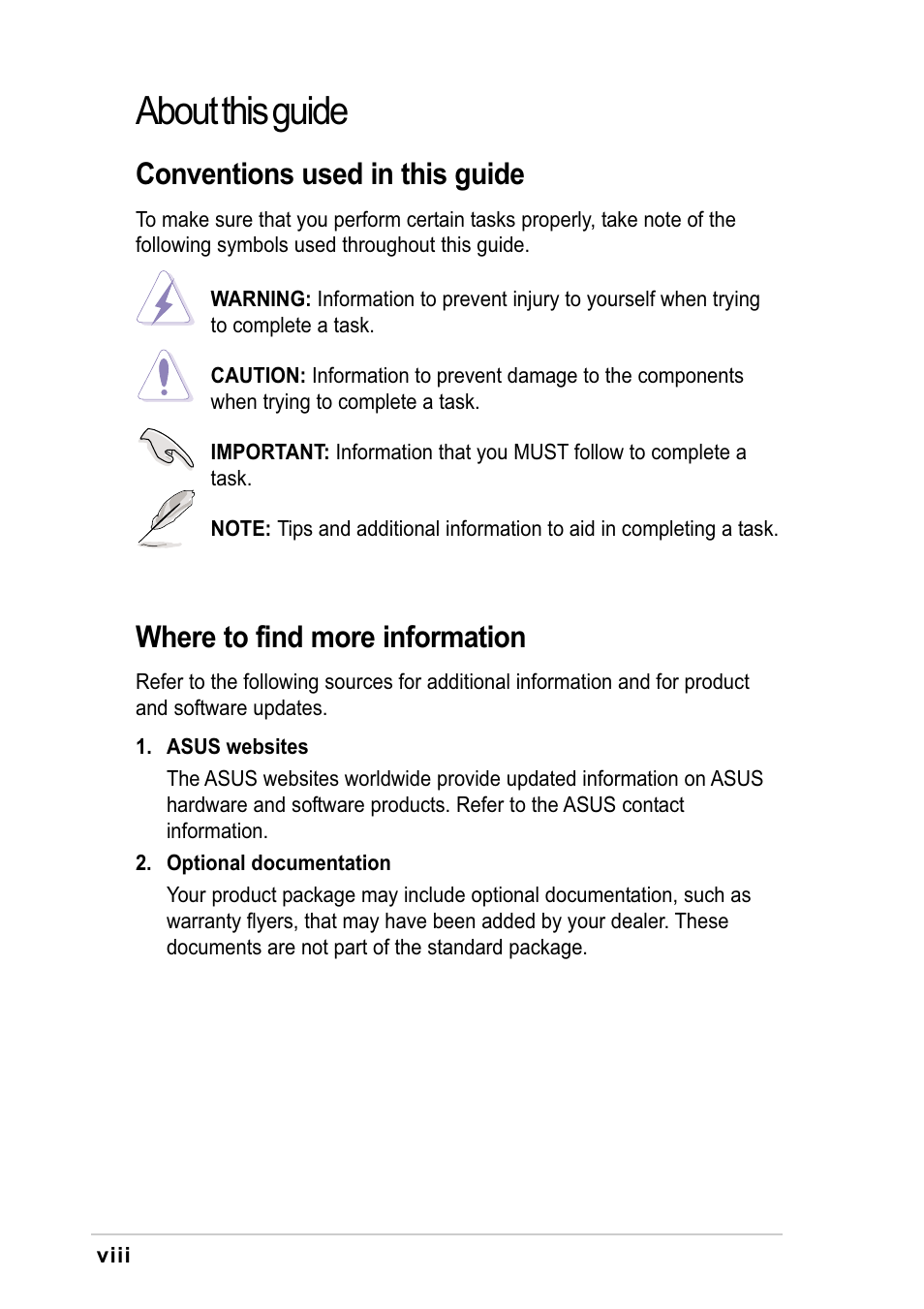 About this guide, Conventions used in this guide, Where to find more information | Asus K8V-F User Manual | Page 8 / 66