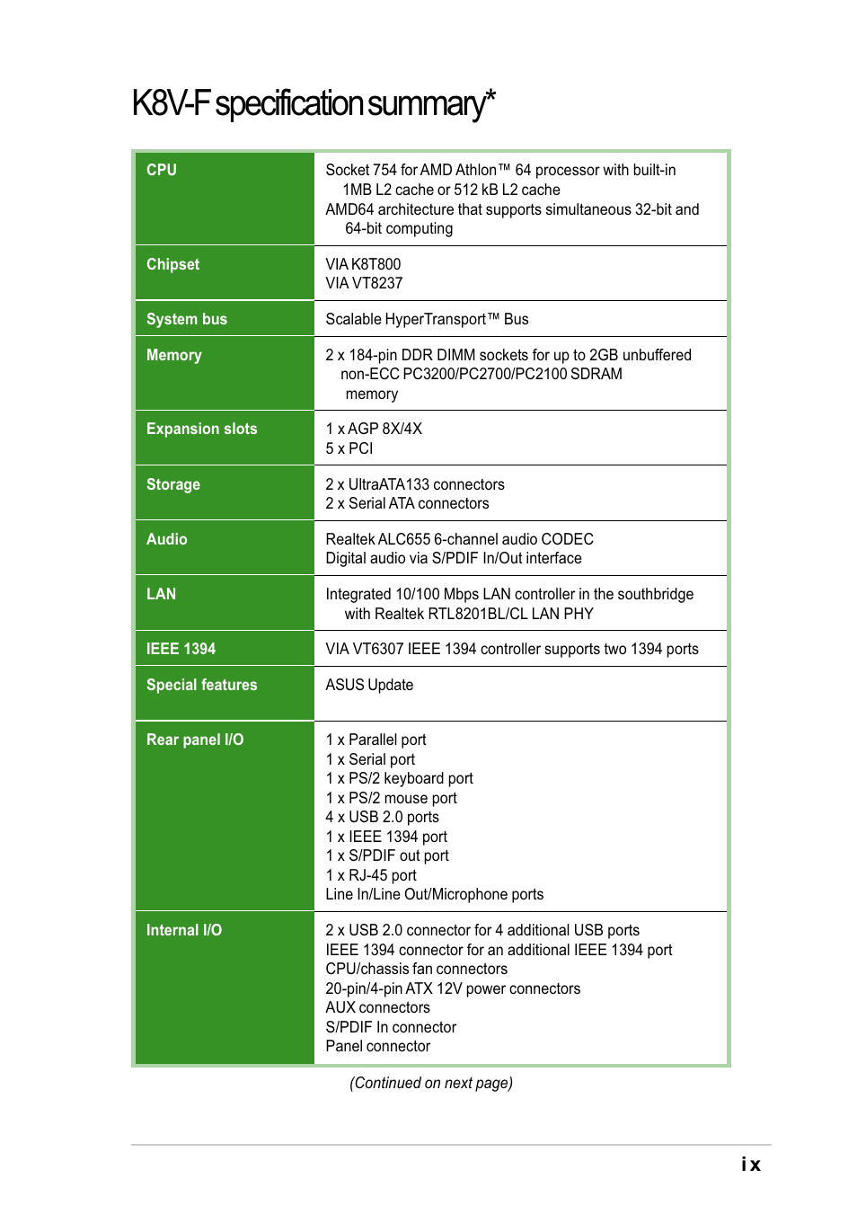 K8v-f specification summary | Asus K8V-F User Manual | Page 9 / 66