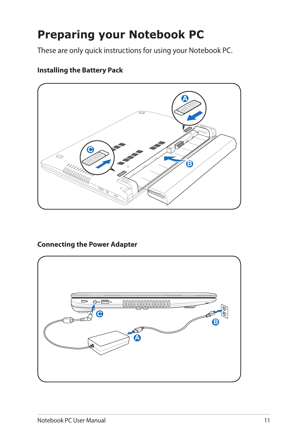 Preparing your notebook pc | Asus E7169 User Manual | Page 11 / 122