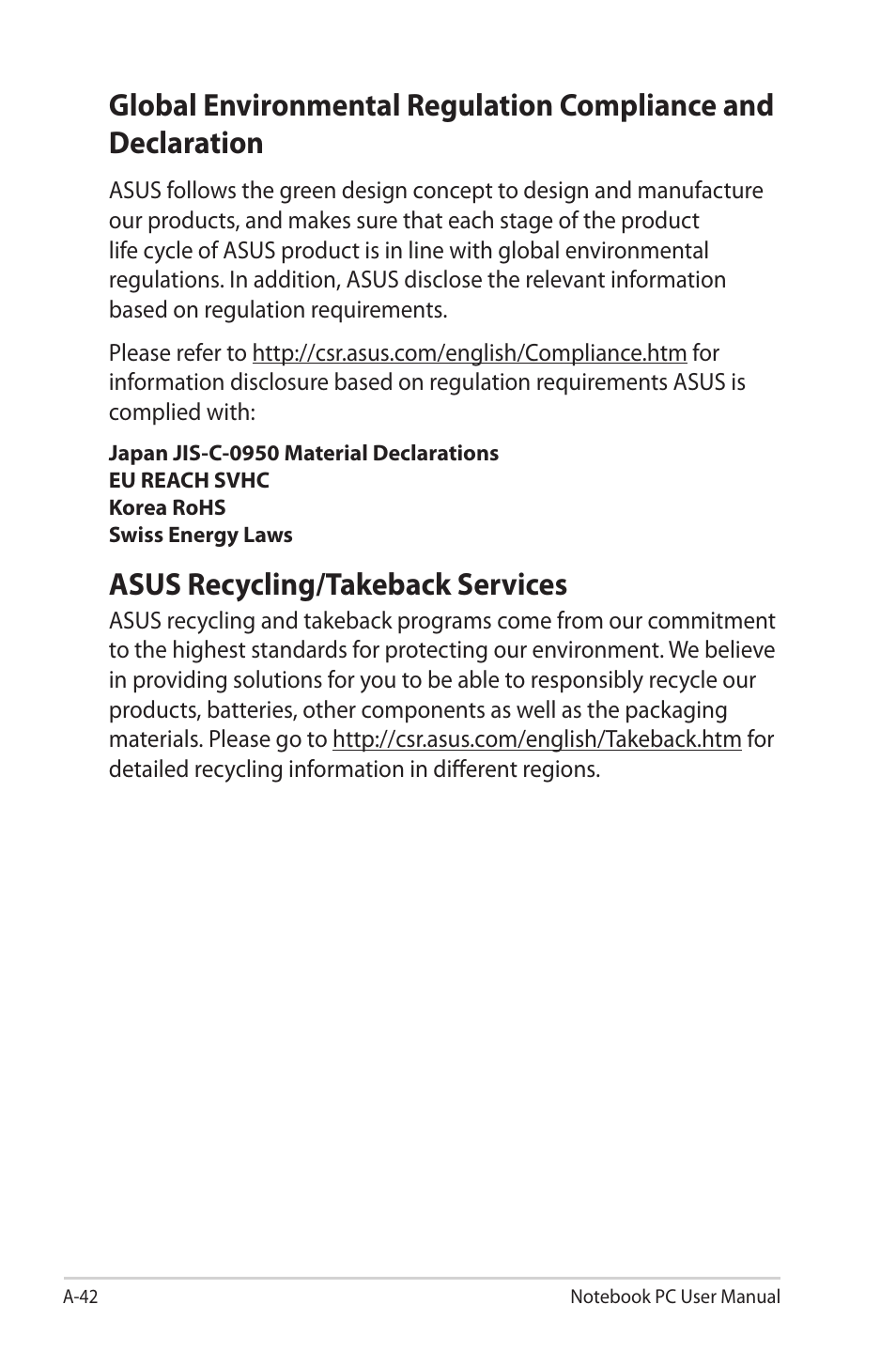 Asus recycling/takeback services | Asus E7169 User Manual | Page 114 / 122