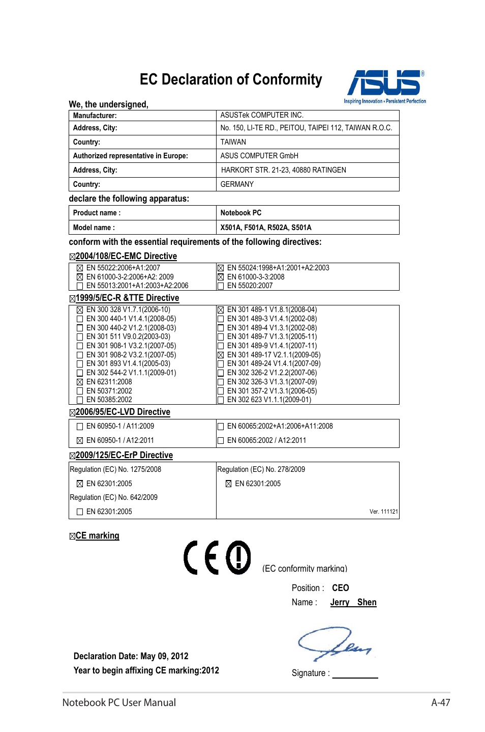 Ec declaration of conformity | Asus E7169 User Manual | Page 119 / 122