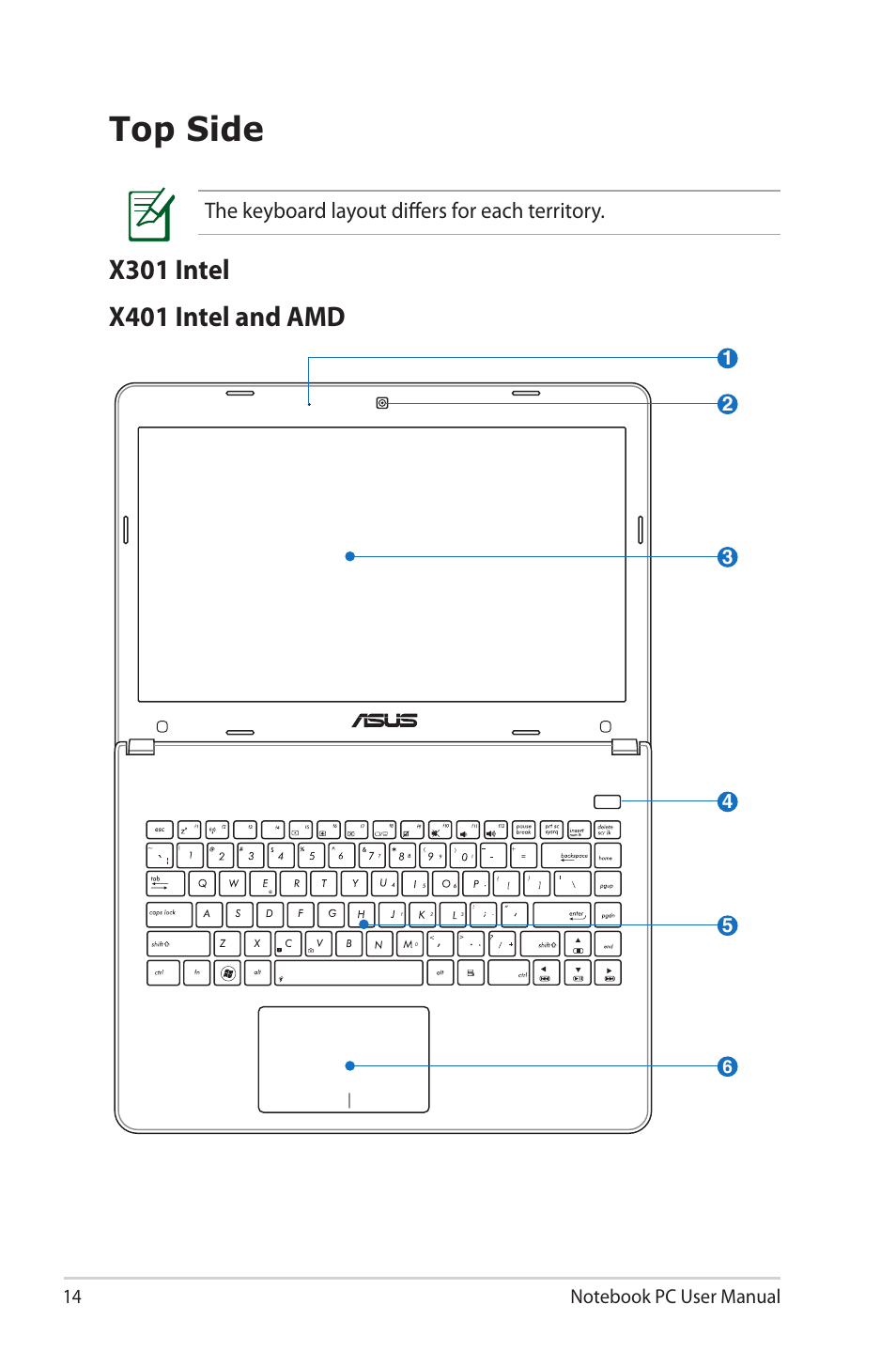 Top side, The keyboard layout differs for each territory | Asus E7169 User Manual | Page 14 / 122