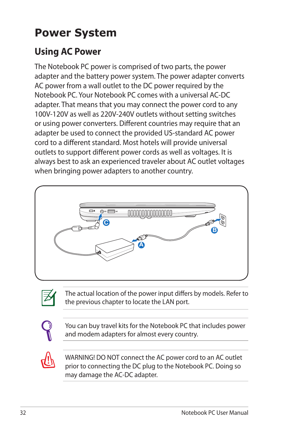 Power system, Using ac power | Asus E7169 User Manual | Page 32 / 122