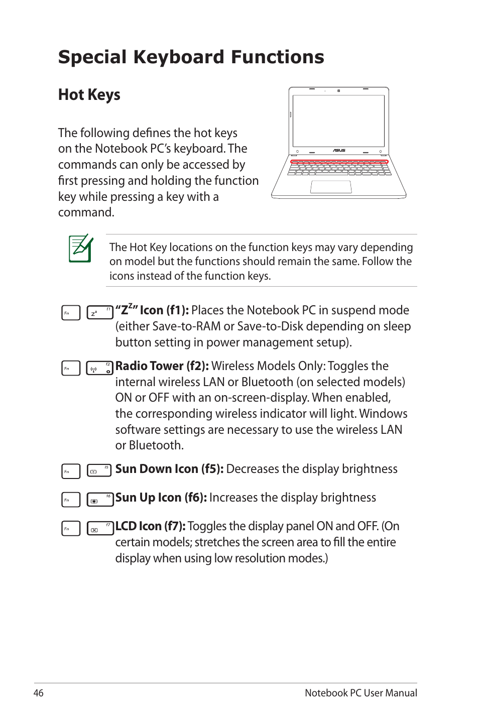 Special keyboard functions, Hot keys | Asus E7169 User Manual | Page 46 / 122