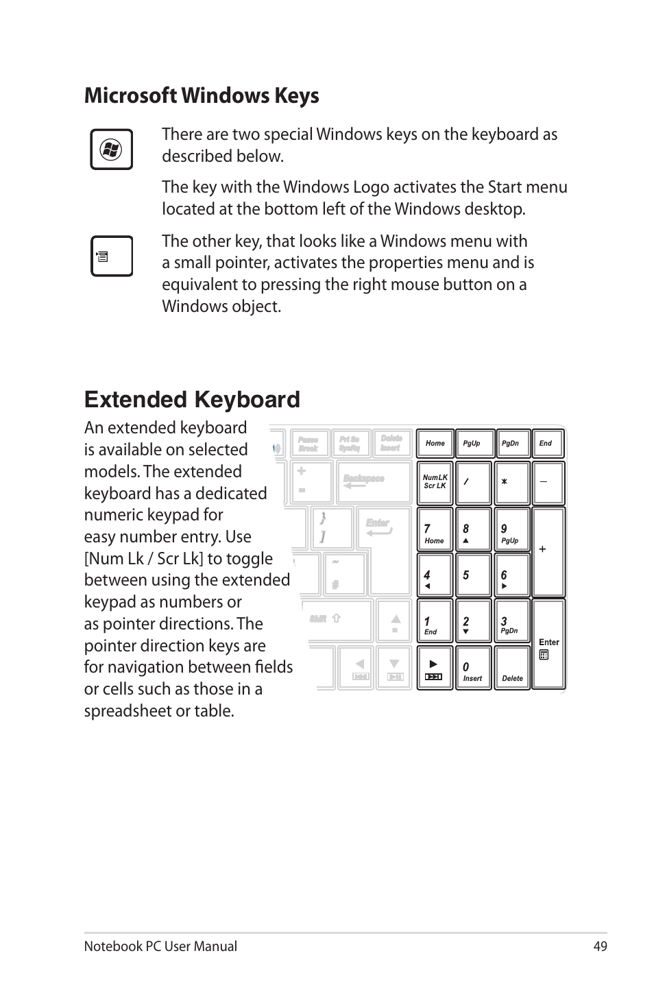 Microsoft windows keys, Extended keyboard | Asus E7169 User Manual | Page 49 / 122