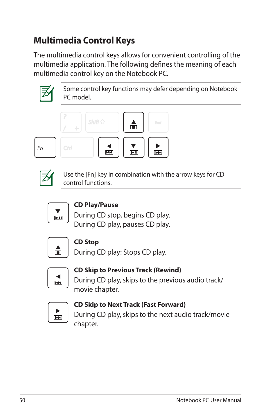 Multimedia control keys | Asus E7169 User Manual | Page 50 / 122