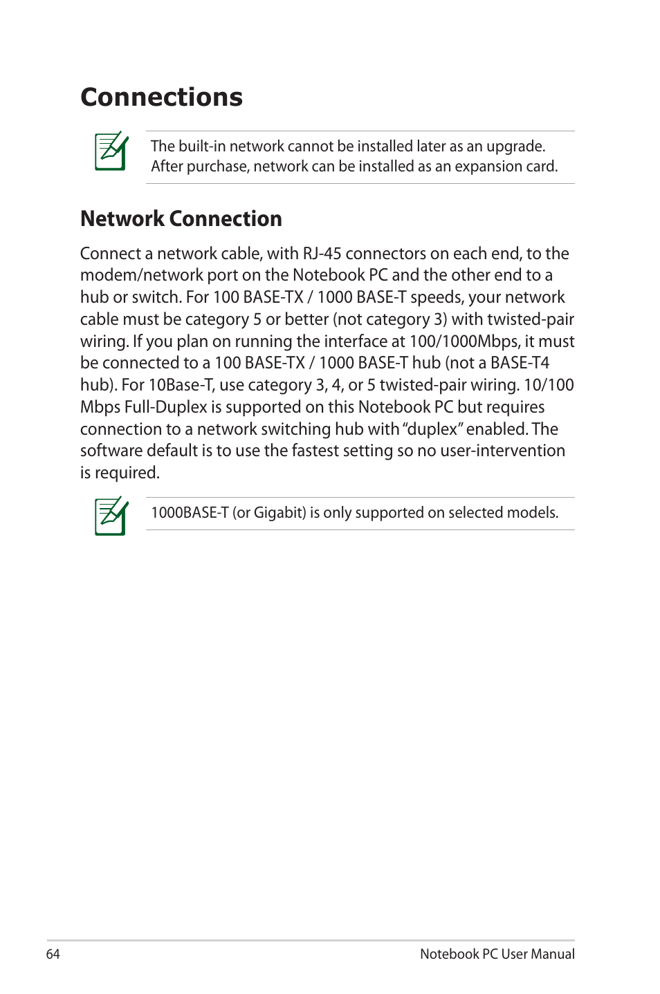 Connections, Network connection | Asus E7169 User Manual | Page 64 / 122