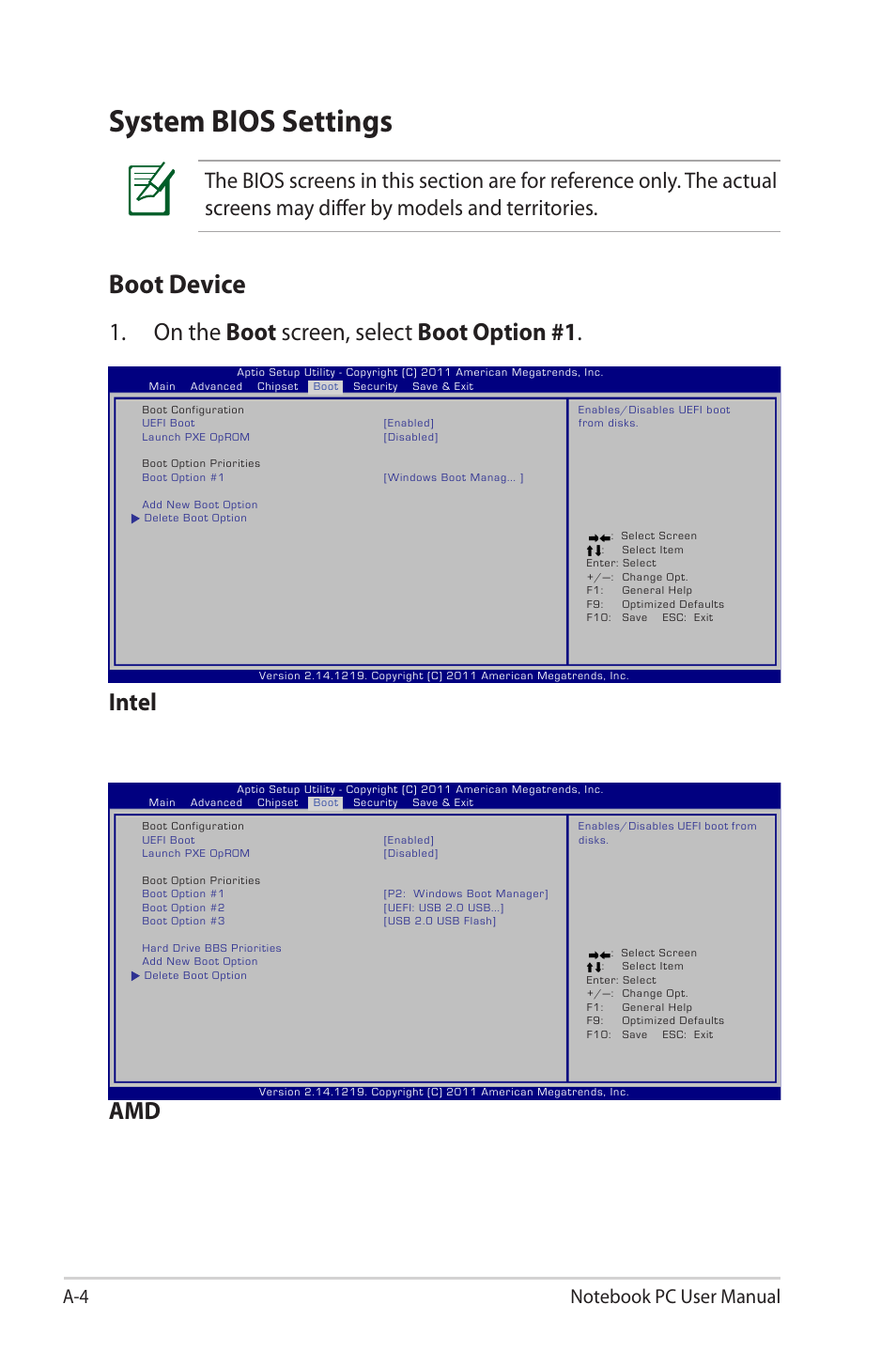 System bios settings, Boot device, On the boot screen, select boot option #1 | Intel | Asus E7169 User Manual | Page 76 / 122