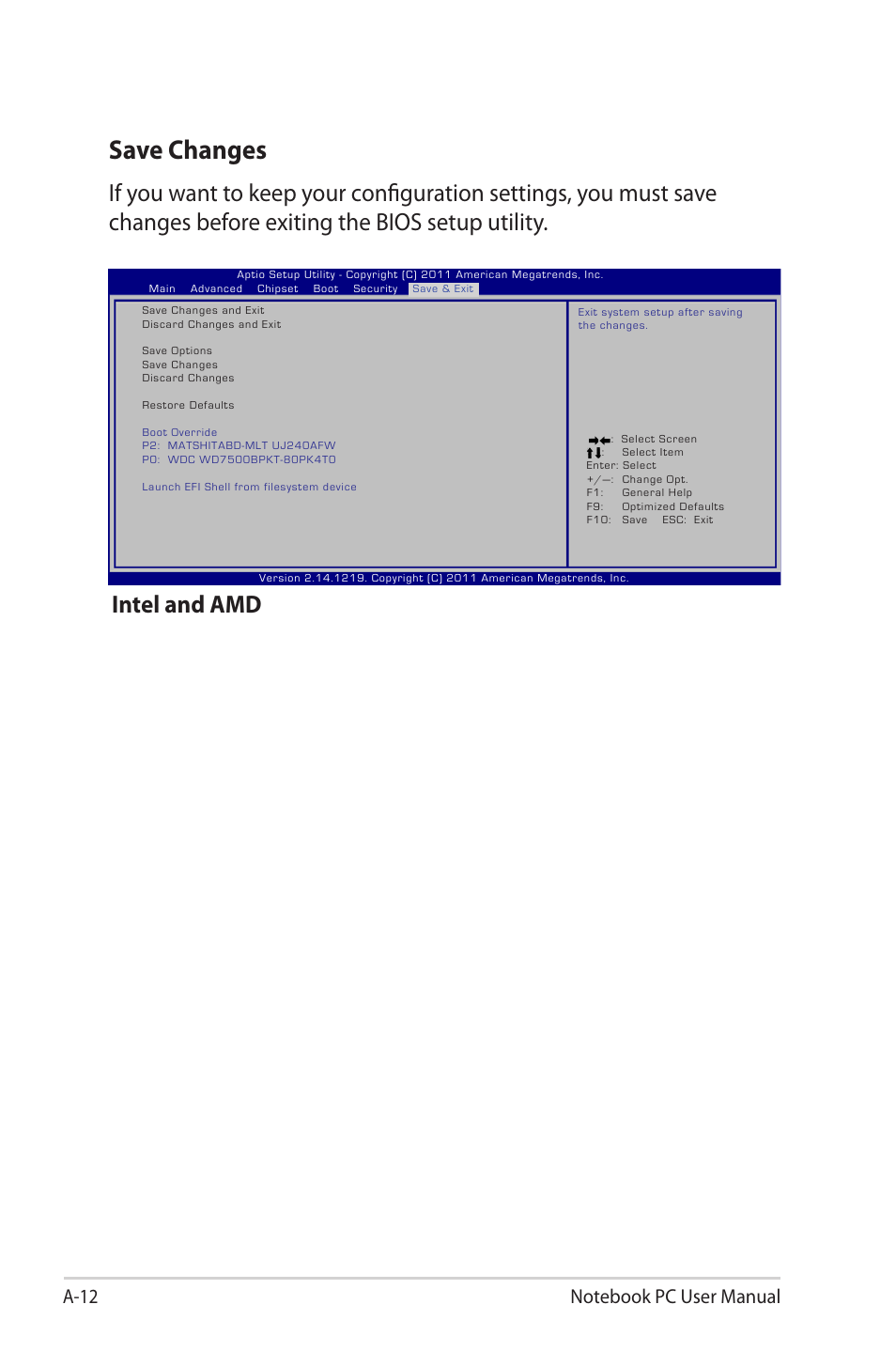 Save changes, Intel and amd | Asus E7169 User Manual | Page 84 / 122