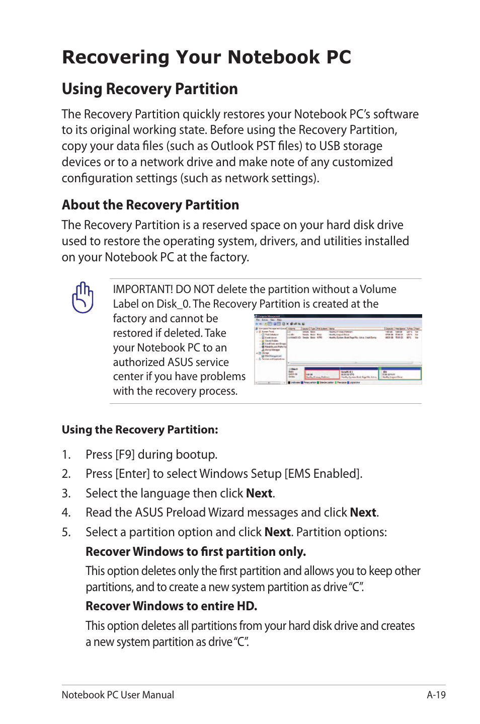 Recovering your notebook pc, Using recovery partition | Asus E7169 User Manual | Page 91 / 122