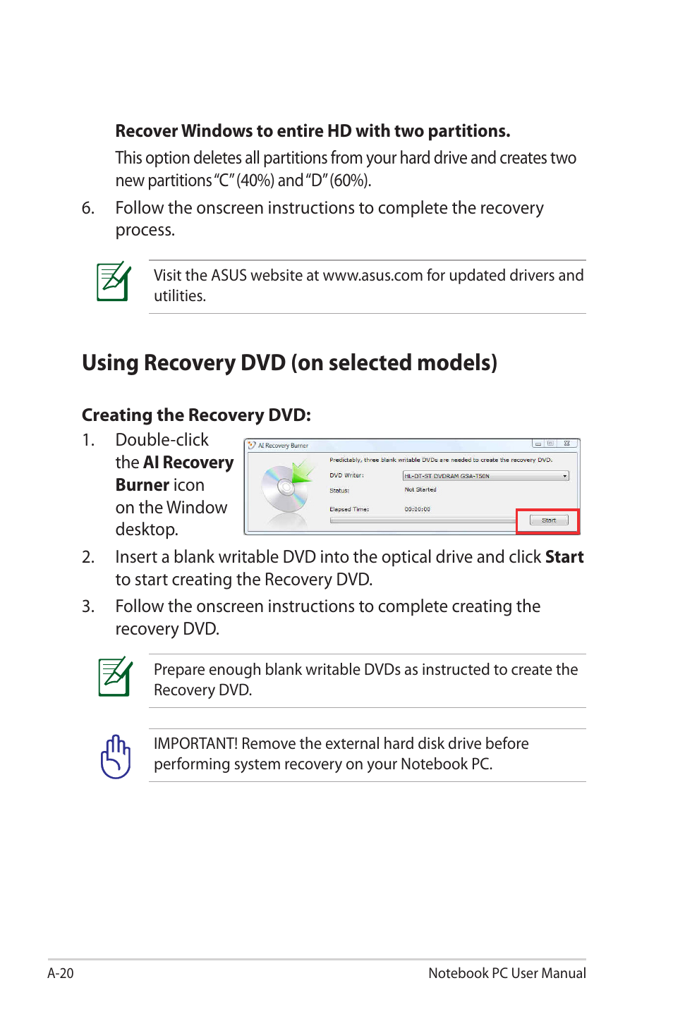 Using recovery dvd (on selected models) | Asus E7169 User Manual | Page 92 / 122